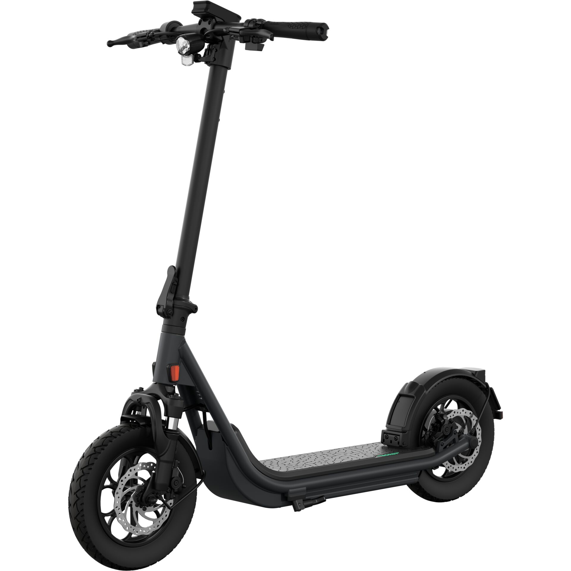 E-Scooter, Ständer, Frontscheinwerfer, Bremsen, Gummireifen