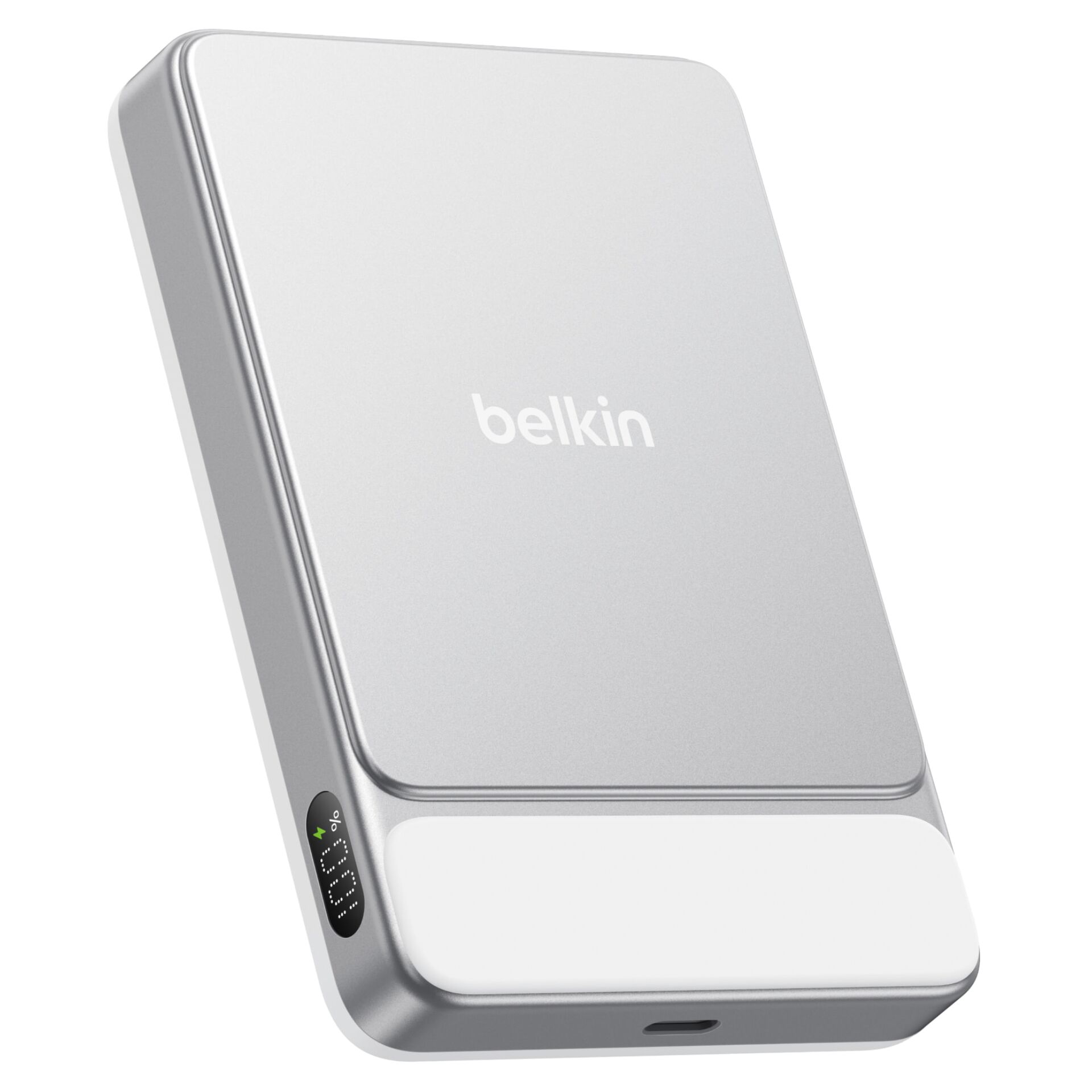 Externer Akku, Powerbank, Silber, LED-Anzeige, Qi Ladepad