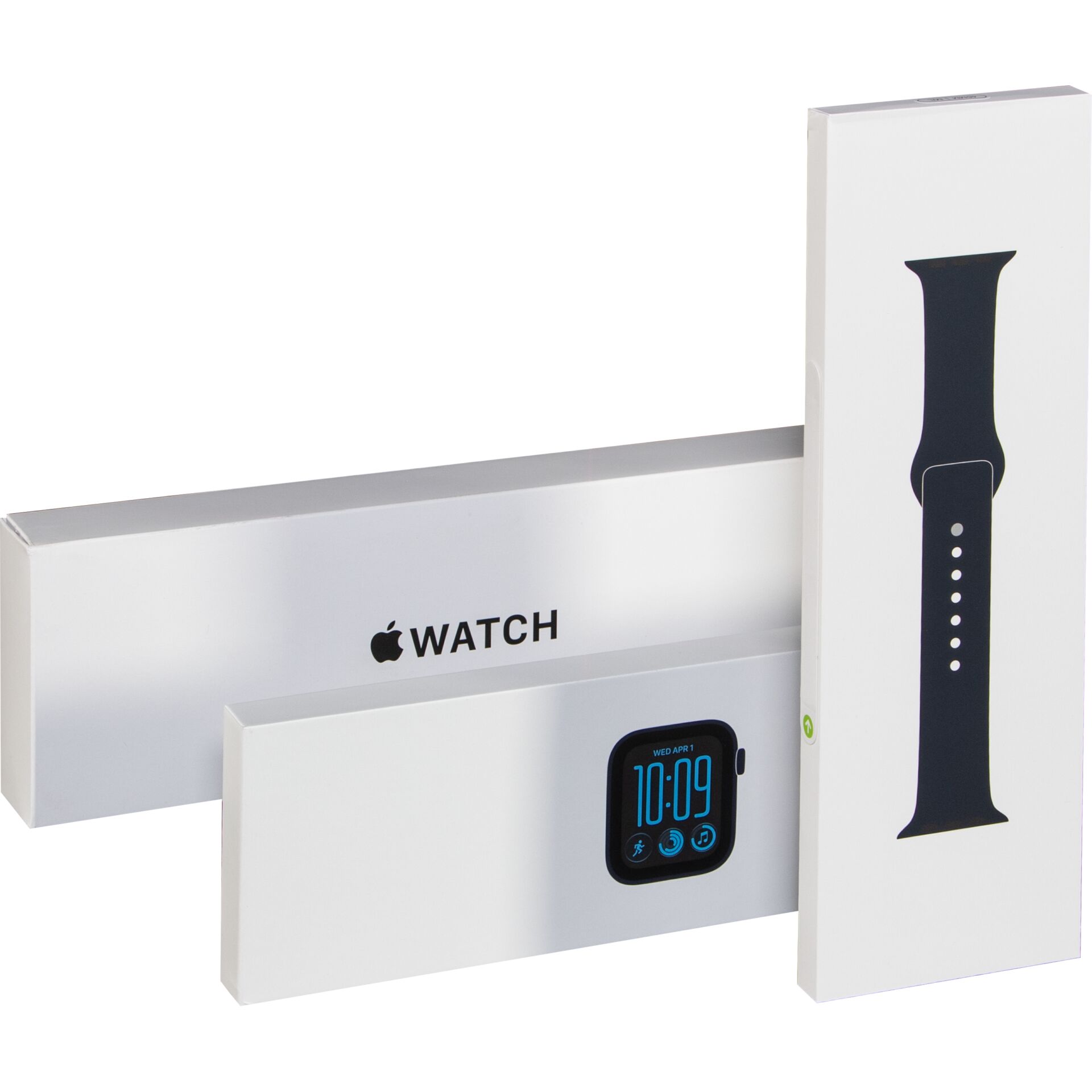 apple watch, smartwatch, silicone band, blue display, box packaging