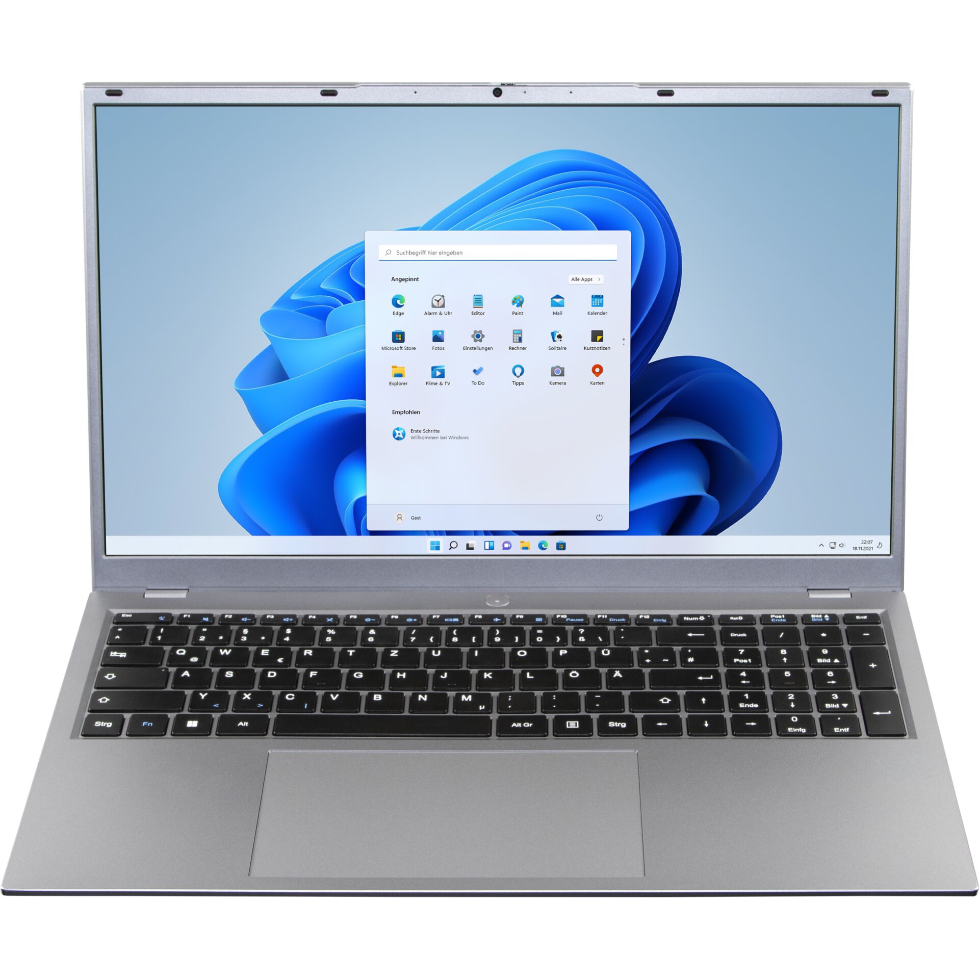 Laptop, Silber, Laptop-Tastatur, Touchpad, Windows 11 Desktop