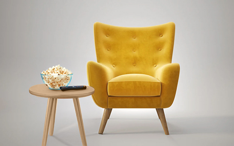 gelbes stuhl, Sessel, Holzbeine, Knopf-Tufting, weicher Stoff