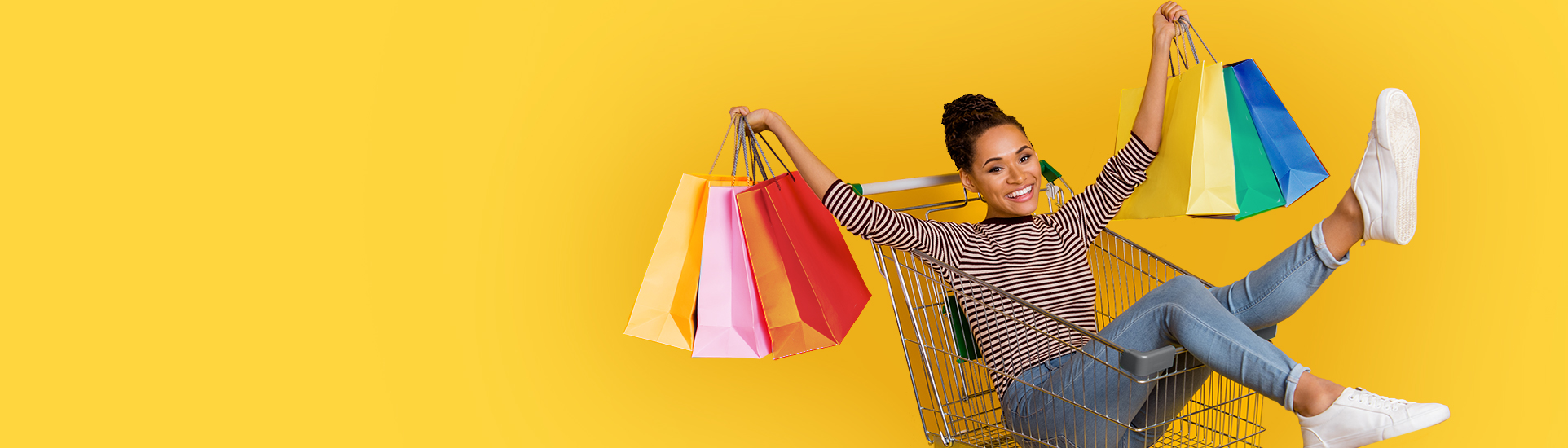 shirt striped, jeans, sneakers, shopping bags, cart