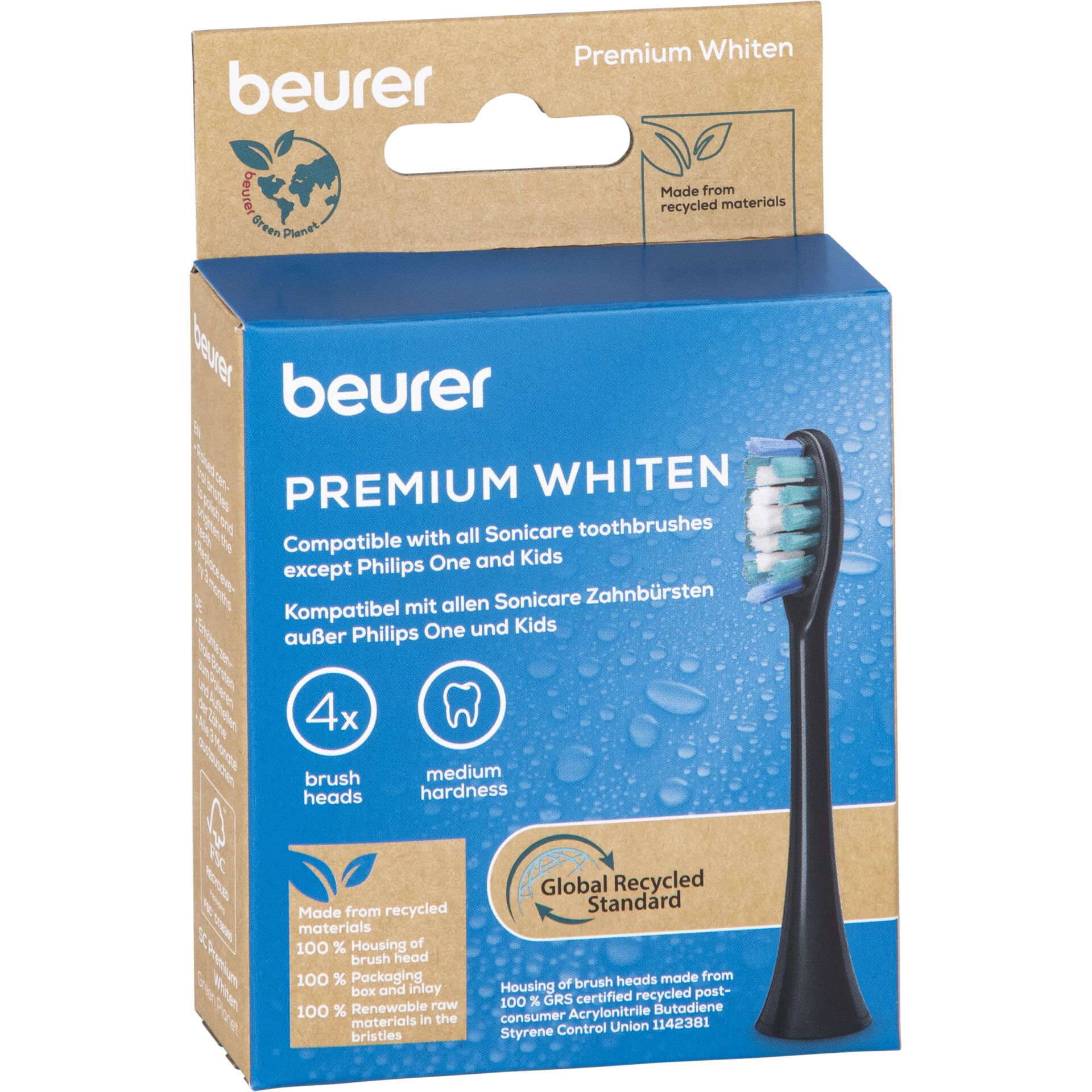 electric toothbrush, ersatzköpfe, borstenköpfe, blaue verpackung, premium weißen