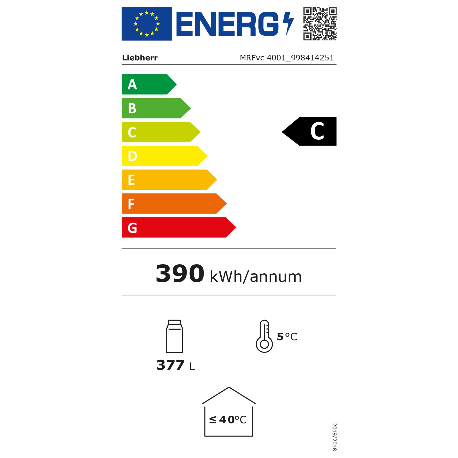Kühlschrank, Nutzinhalt 377 L, Energielabel C, kWh/Jahr 390, Temperaturbereich ≤40°C