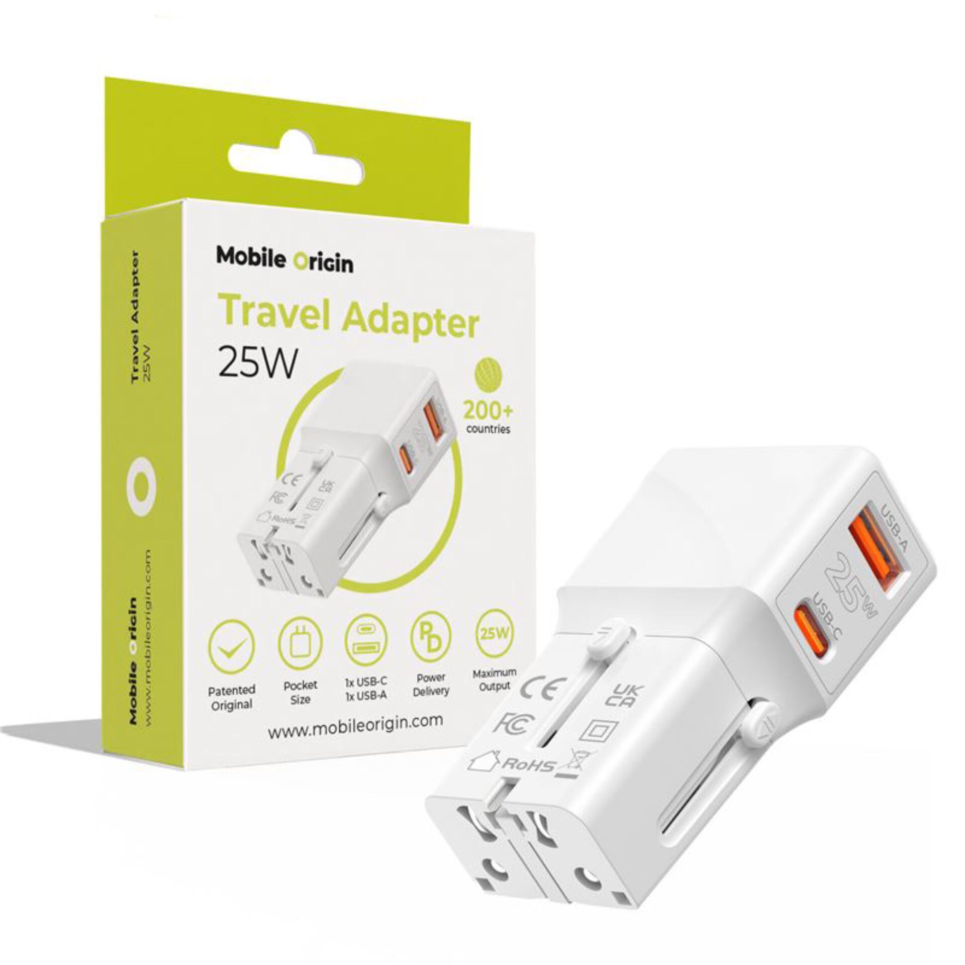 Reiseadapter, USB-A, USB-C, 25W, Verpackung