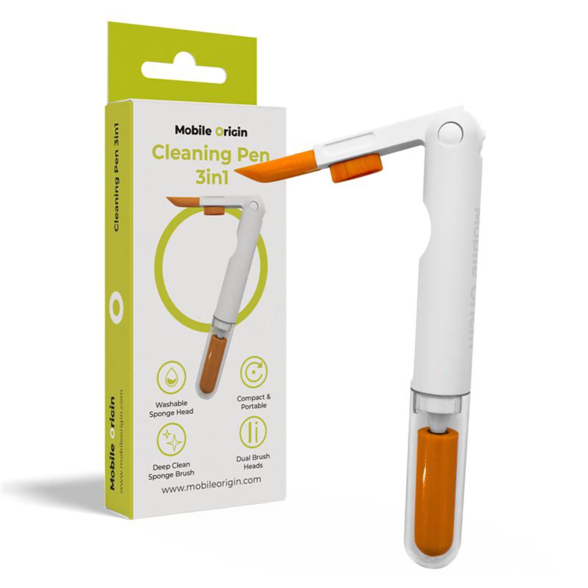 Reinigungsstift, 3-in-1, weiß orange, Doppelte Borstenköpfe, waschbarer Schwammpunkt