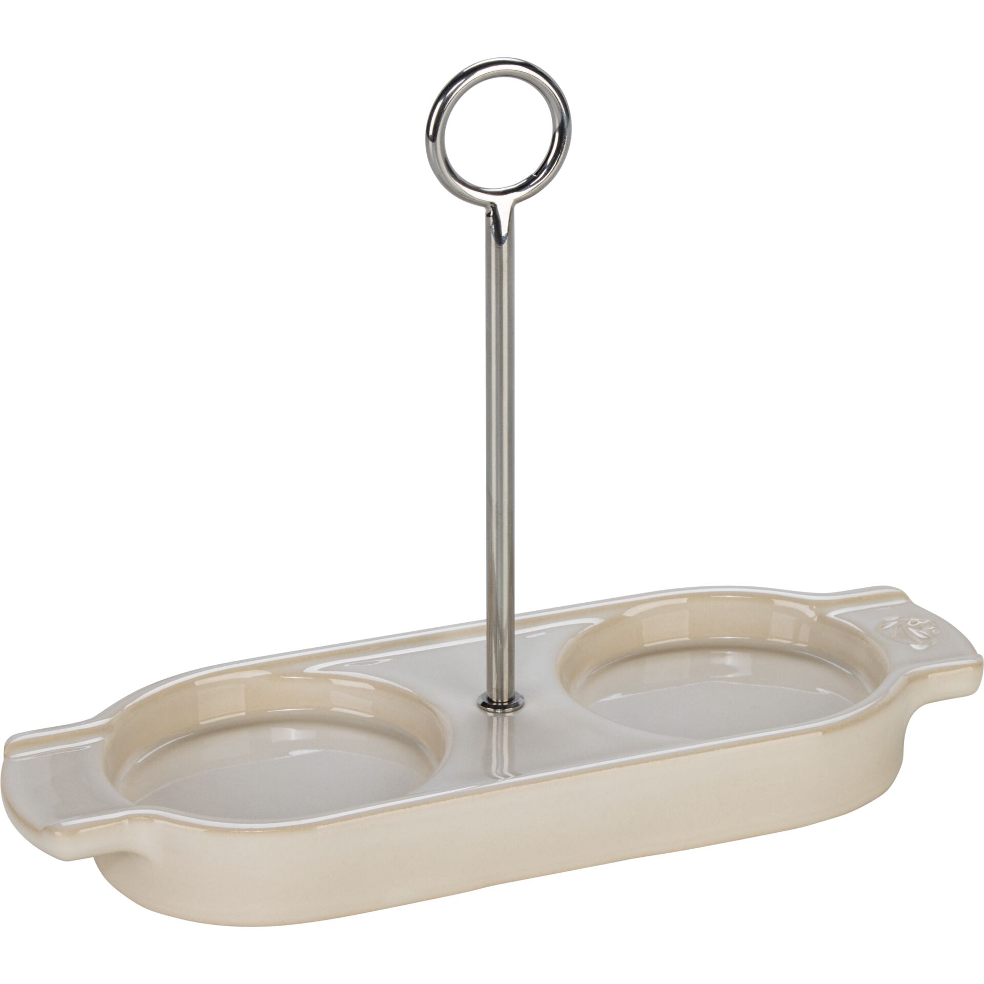 serviertray, zwei-fächer, ringgriff, keramik, beige
