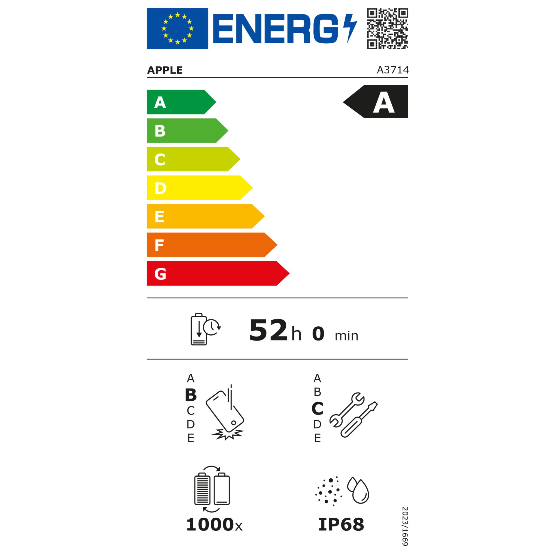 Apfel, Energiekennzeichnung, Batterie, Haltbarkeit, aufladbar, apple, batterie, étiquette énergie, 52 h, IP68