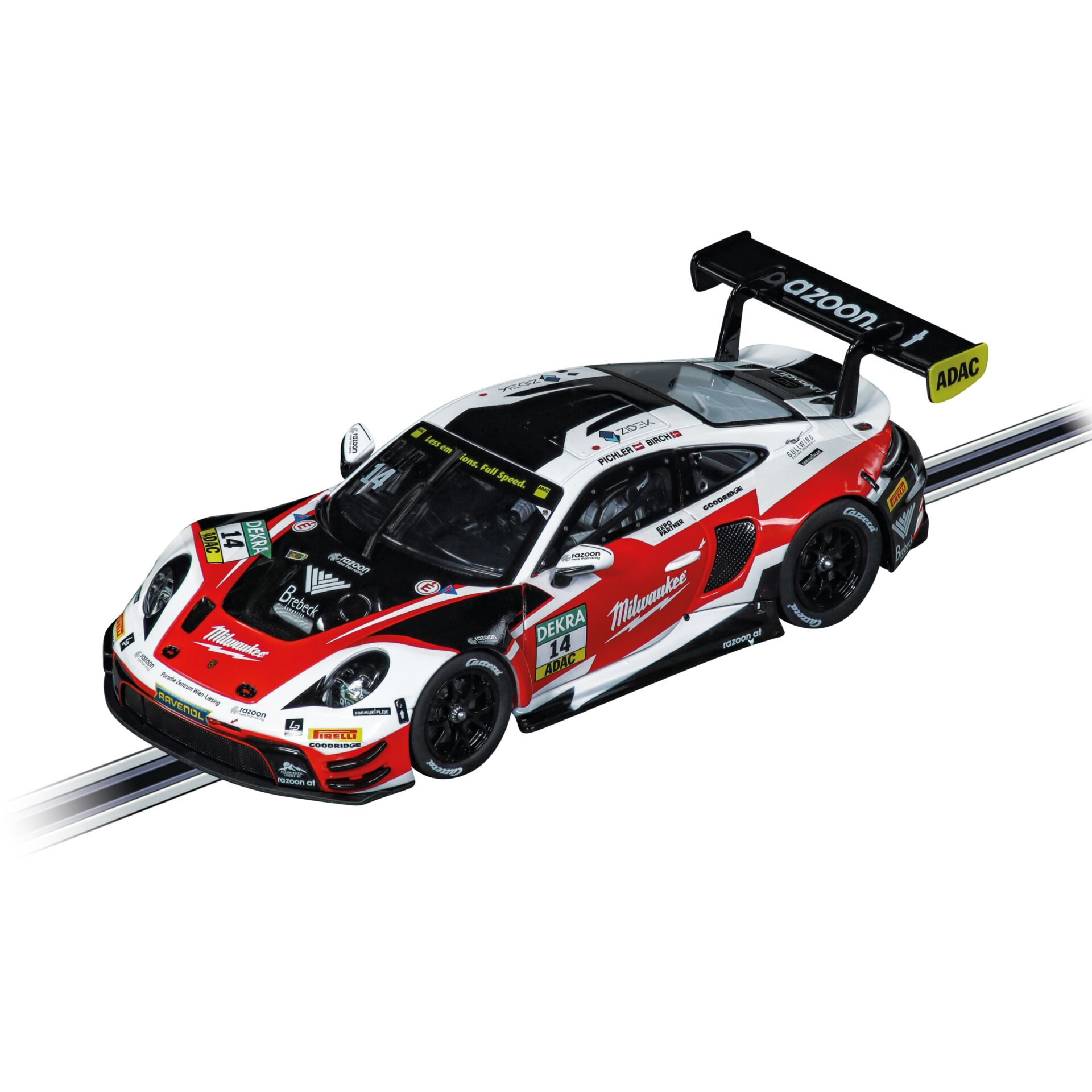 Carrera-Autorennbahn, Slotcar, Porsche-Rennwagen, Rot-Weiß-Schwarz, Heckflügel