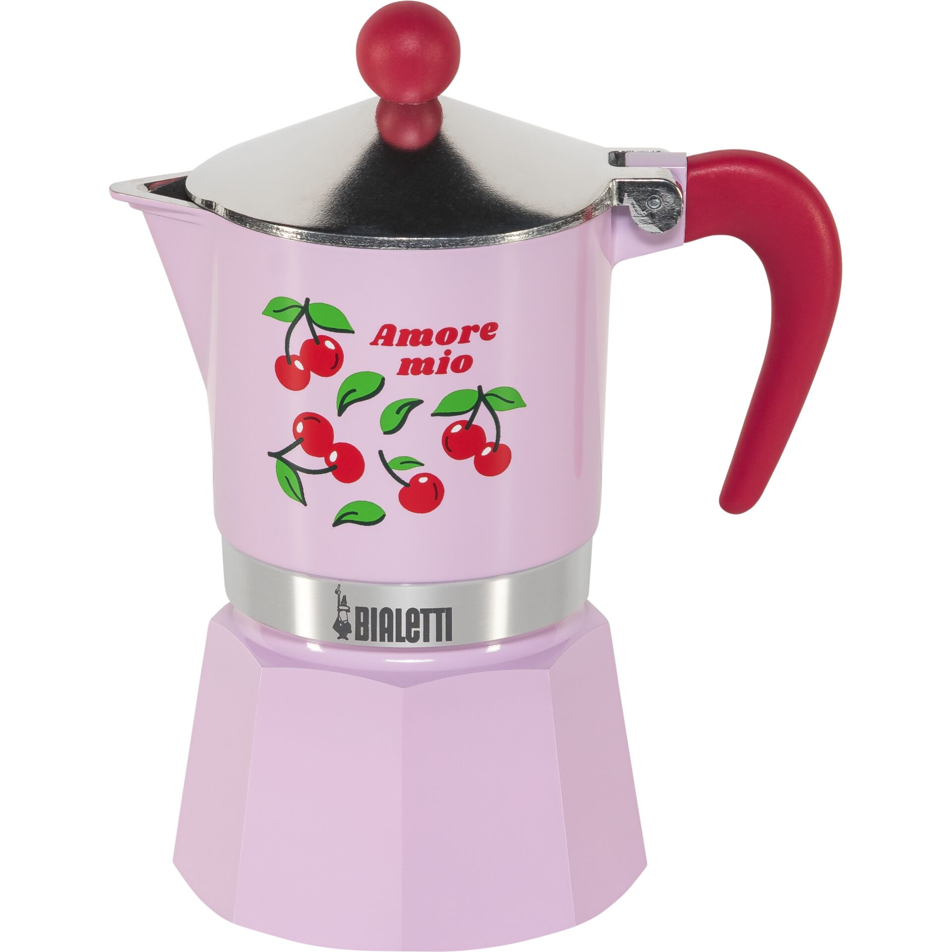 Moka, Pink, Cherry pattern, Aluminium, Handle red
