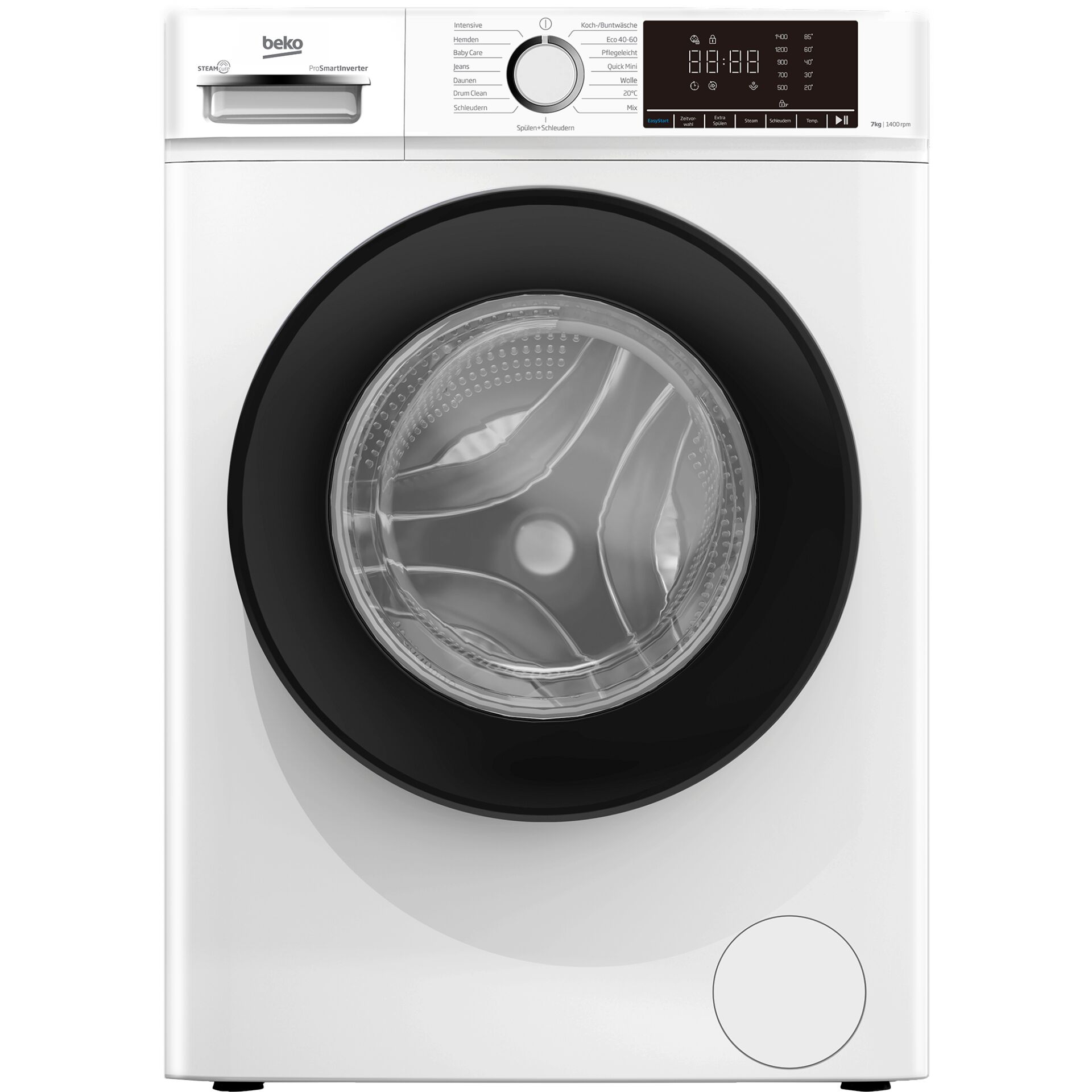 Frontlader-Waschmaschine, Weißes Gehäuse, Schwarze Tür, Digitaldisplay, Dampffunktion