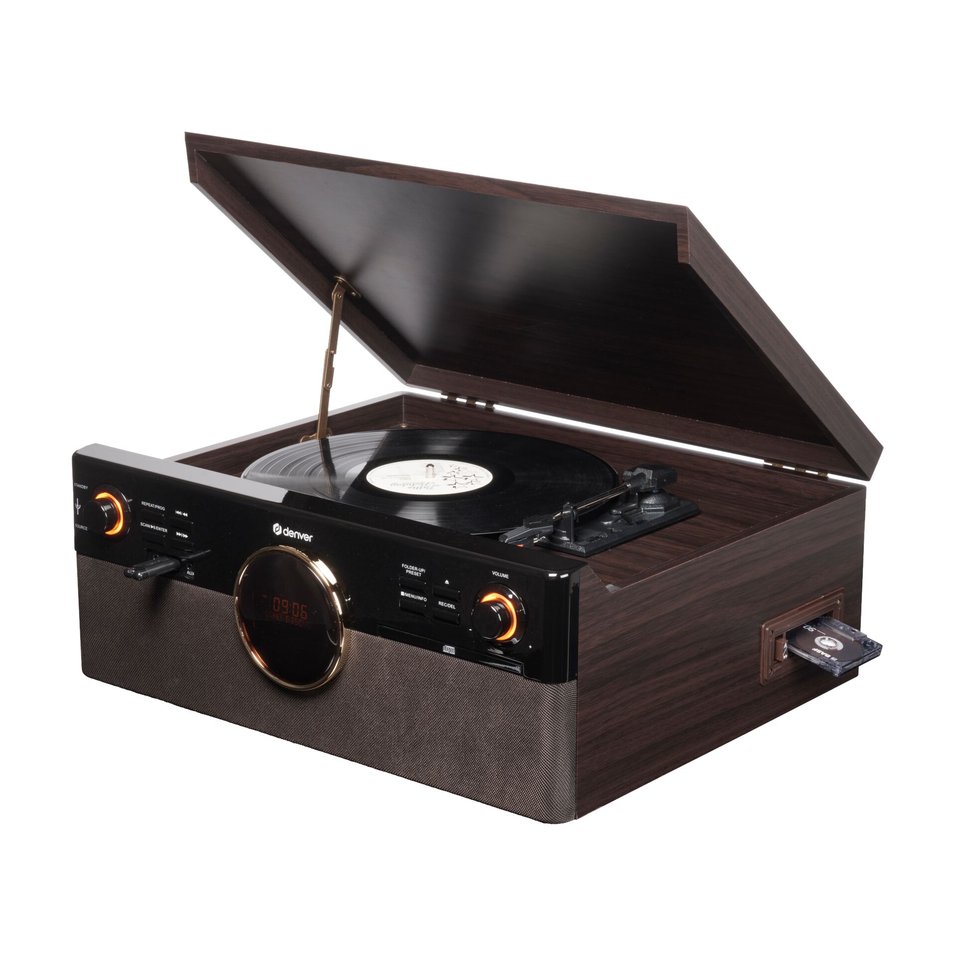 Plattenspieler, Vinyl, Holzoptik, Lautsprecher, USB/SDSlot
