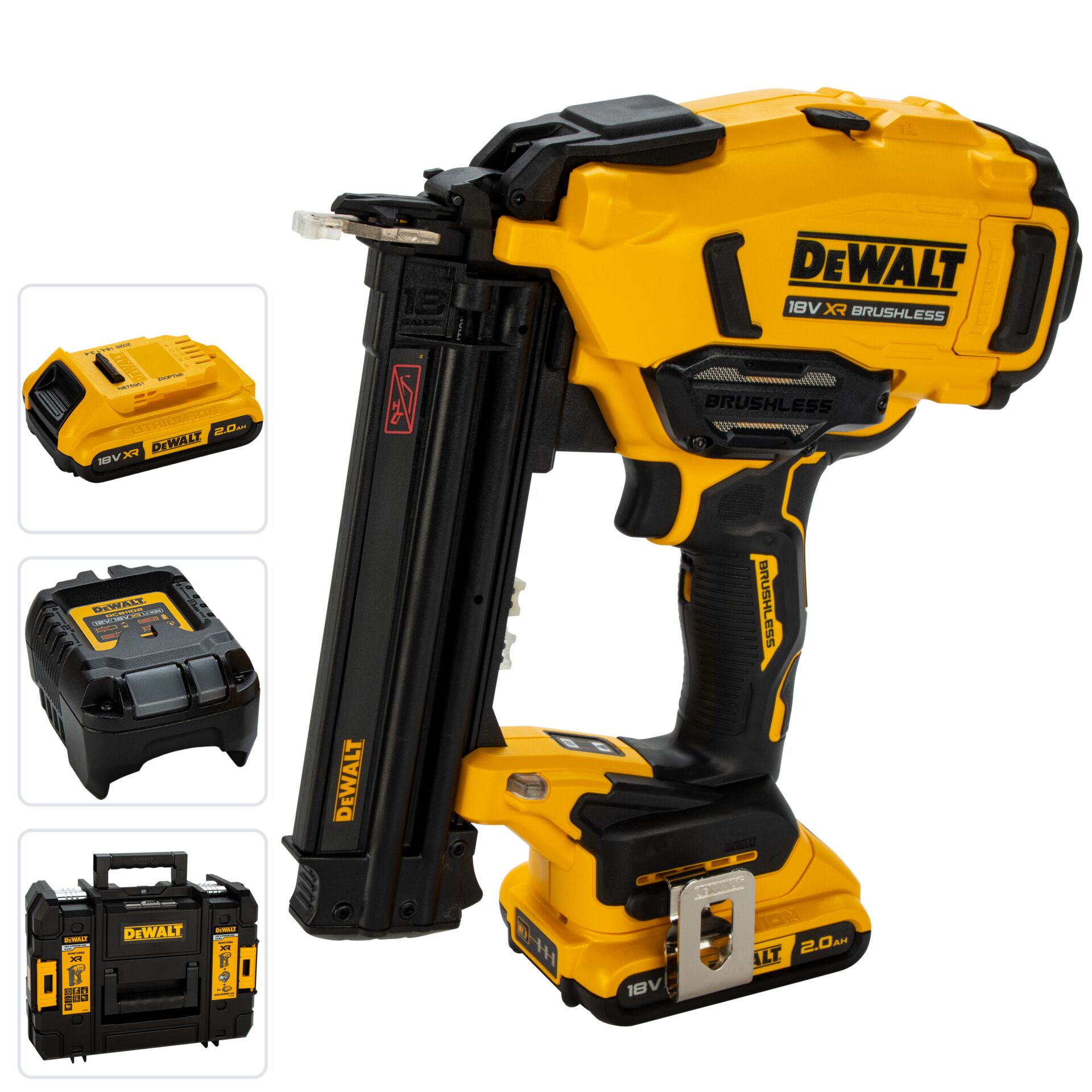 Akku-Schrauber, 18V, Brushless, Koffer, 2.0Ah Akku, Akku-Nagler, 18-Volt-Akku, Bürstenloser Motor, Gelb-schwarz, Transportkoffer