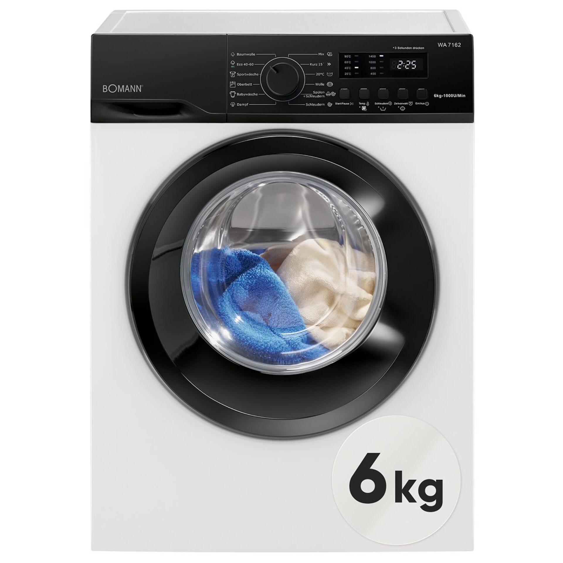 Waschmaschine, Frontlader, 6 kg, Schwarz-weiße Farbgebung, Waschmittel optional
