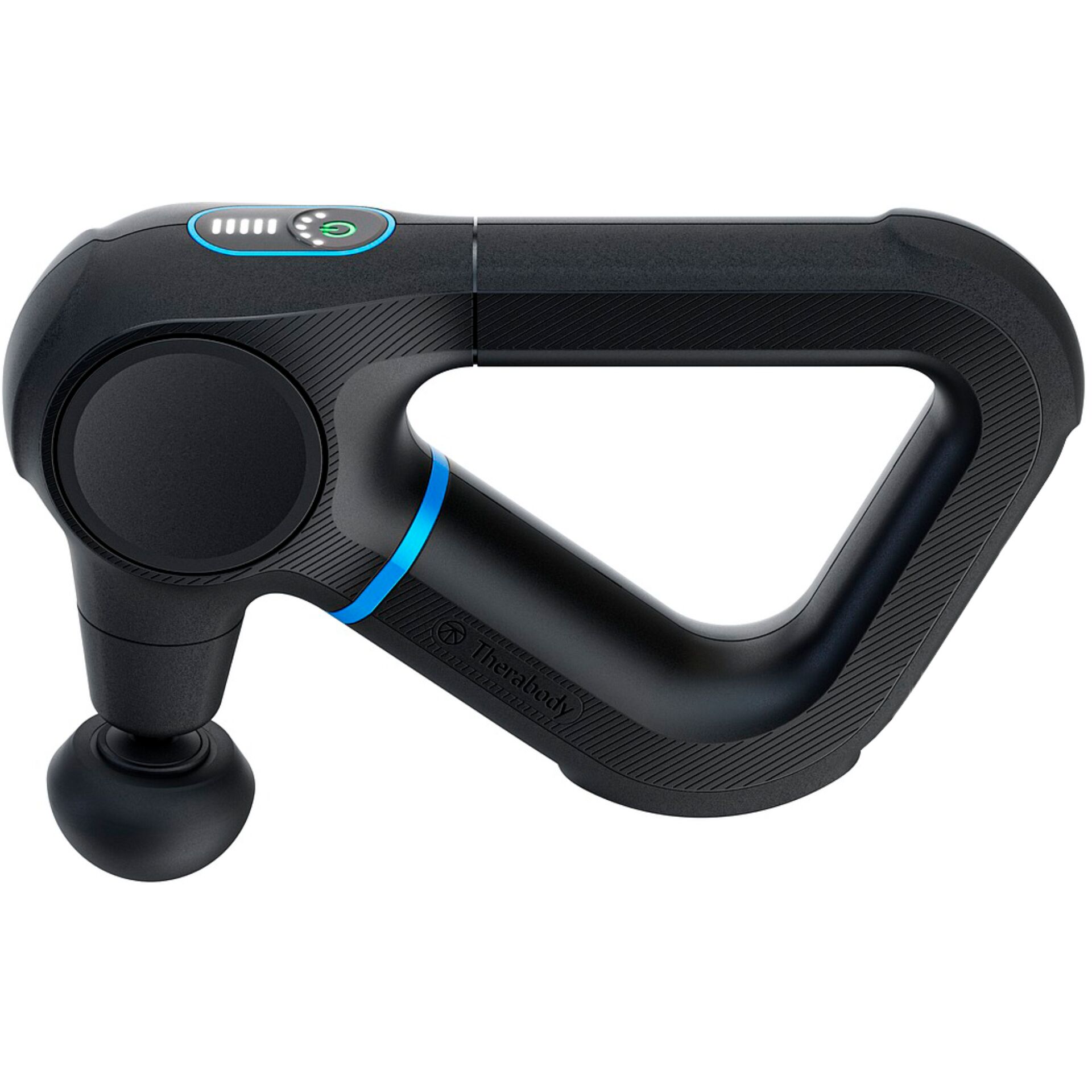 Massagepistole, percussives Massager, handheld, schwarz, blauer Akzent