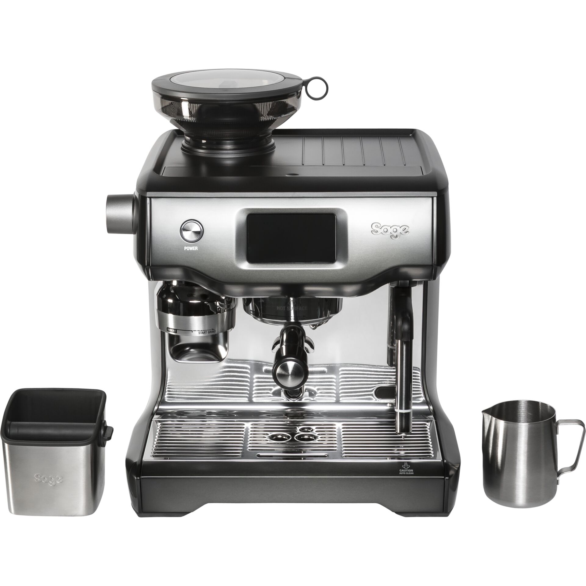 Espresso machine, Portafilter, Water tank, Milk pitcher, Steam wand