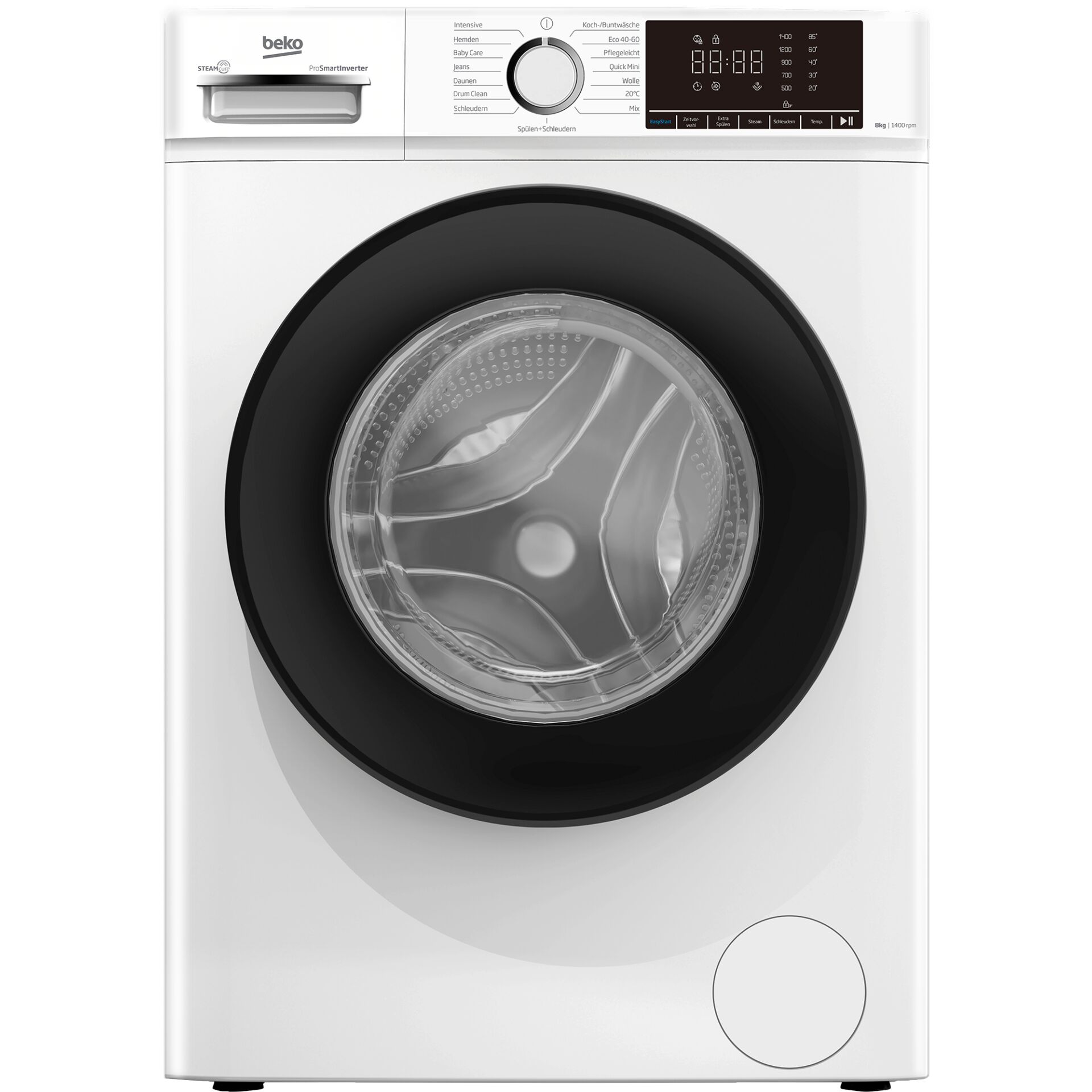 Waschmaschine, Frontlader, Weiß, Schwarzes Bullauge, Digitaldisplay