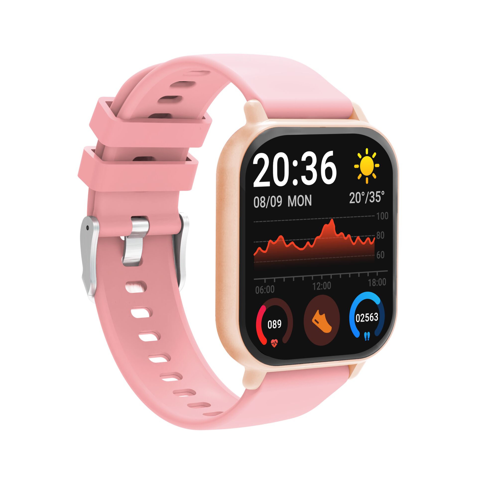 Smartwatch, Pink strap, Digital display, Square watch, Weather graph