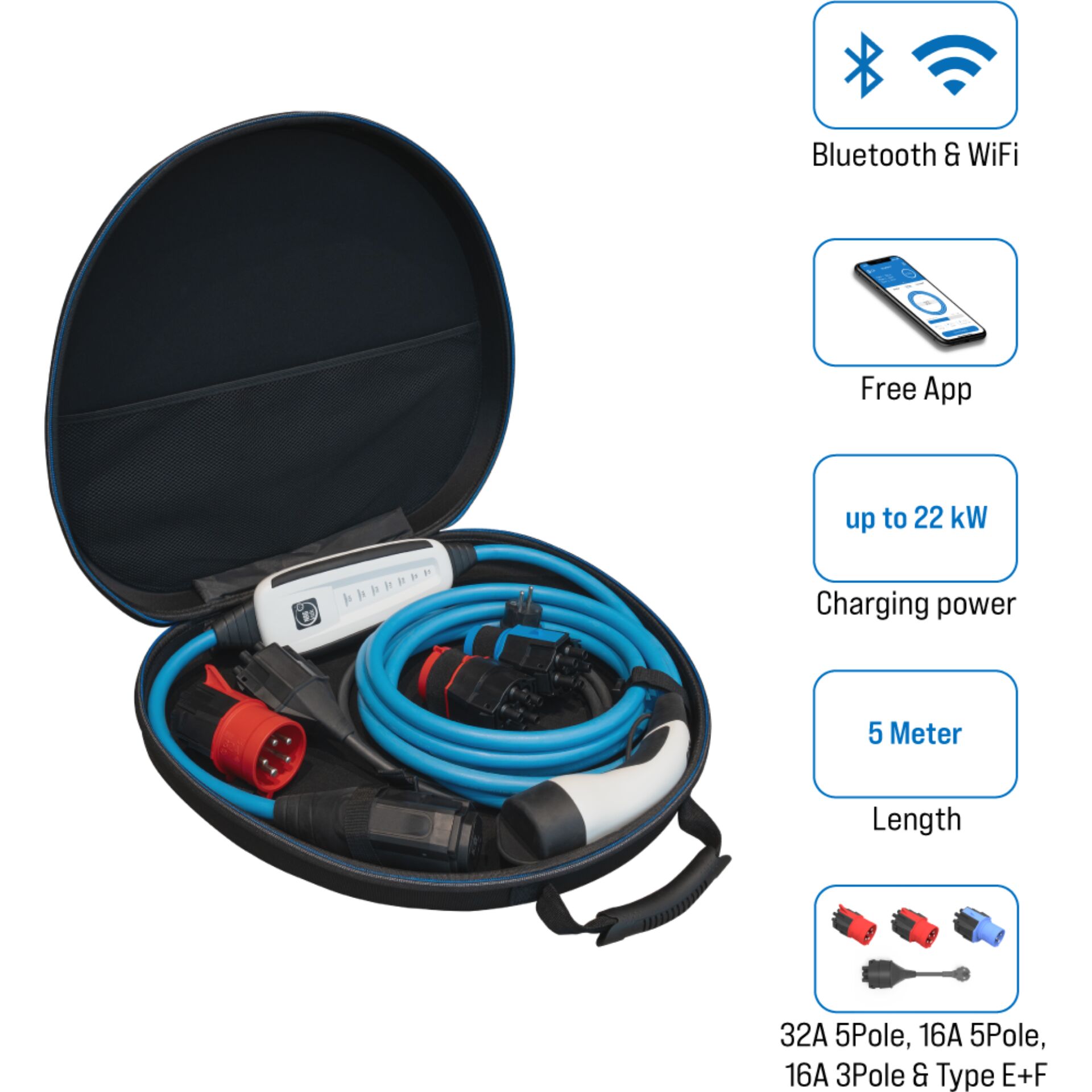 Elektrisches Gerät, Mikrophon, Ladekabel, Ladetasche, blaues Kabel, 5 Meter, 32A 5Pol/16A 5Pol