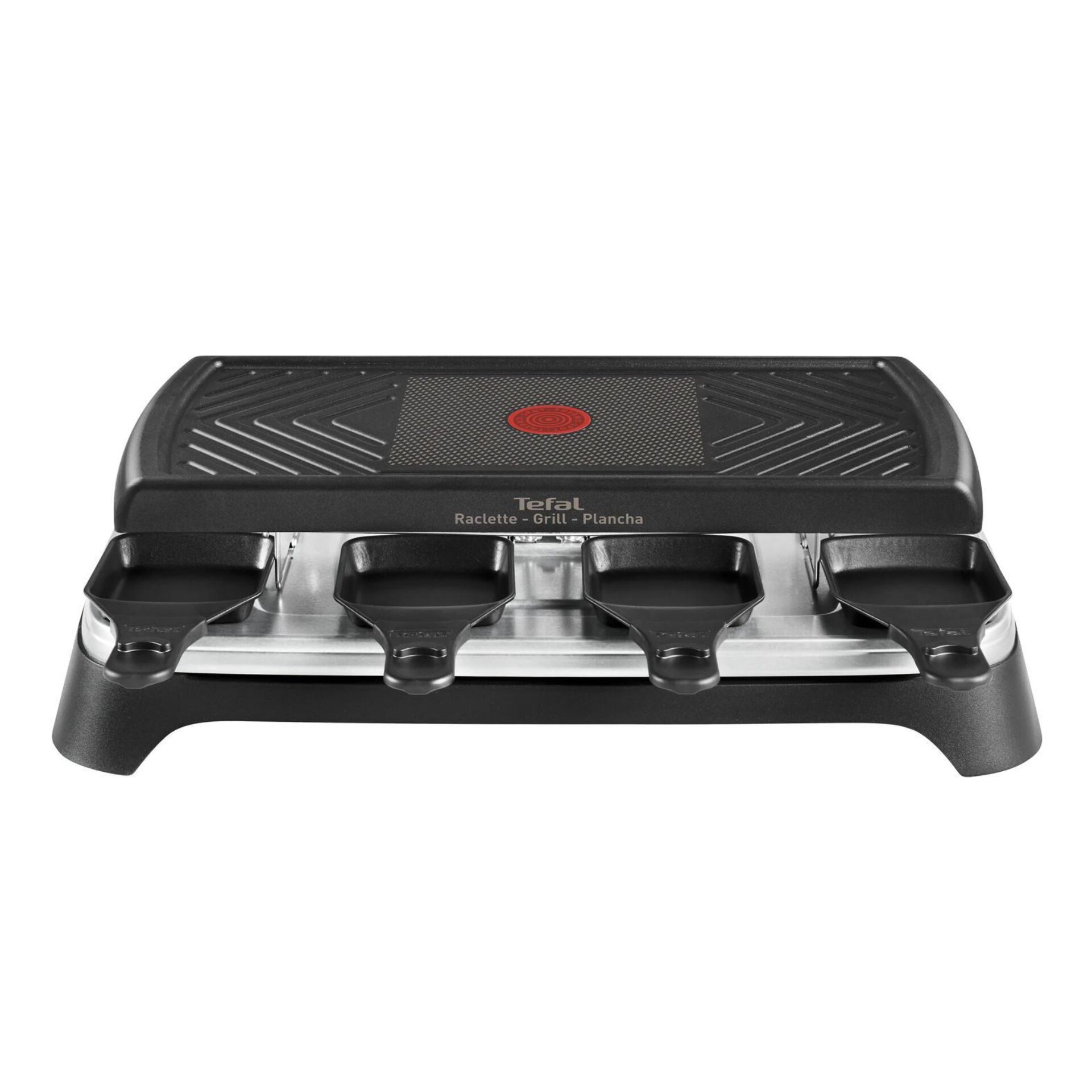 Raclette-Grill, Tischgrill, Grillplatte, vier Pfännchen, schwarz-silbern