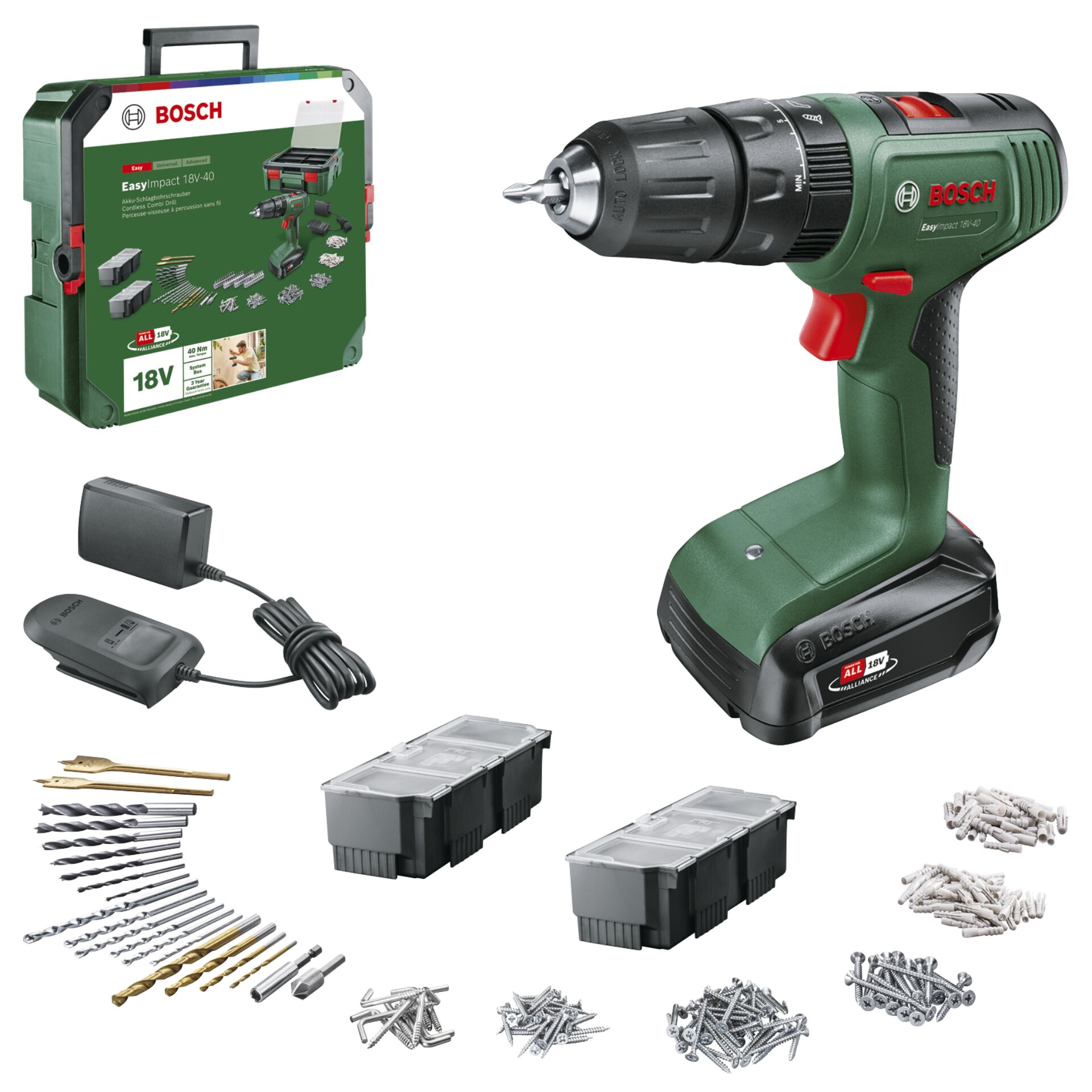 akku-bohrmaschine, bohrmaschine, schrauber, 18v, zubehörset