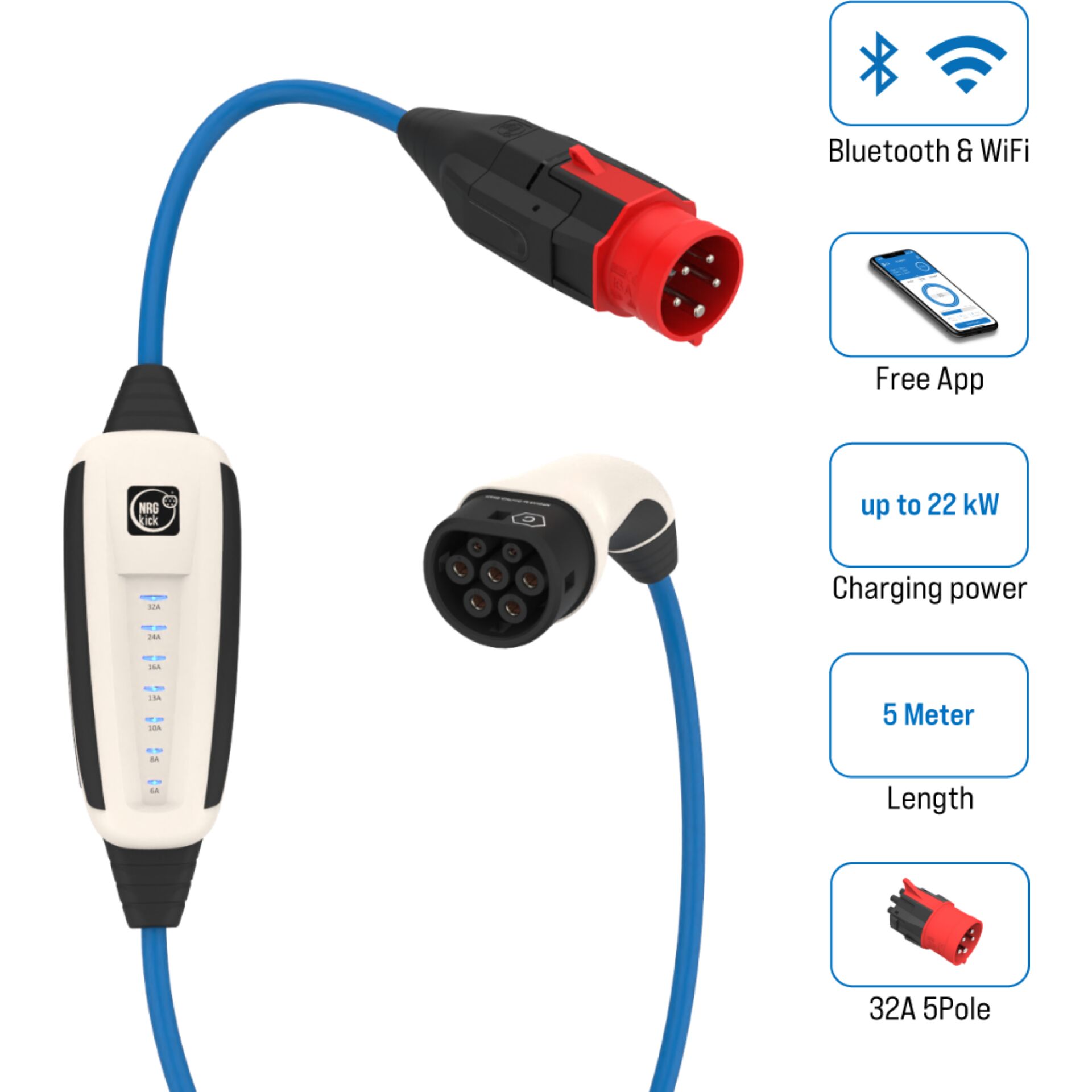 Kabel, EV-Ladung, Ladekabel, 5 Meter, 32A 5Pole, Bluetooth & WiFi