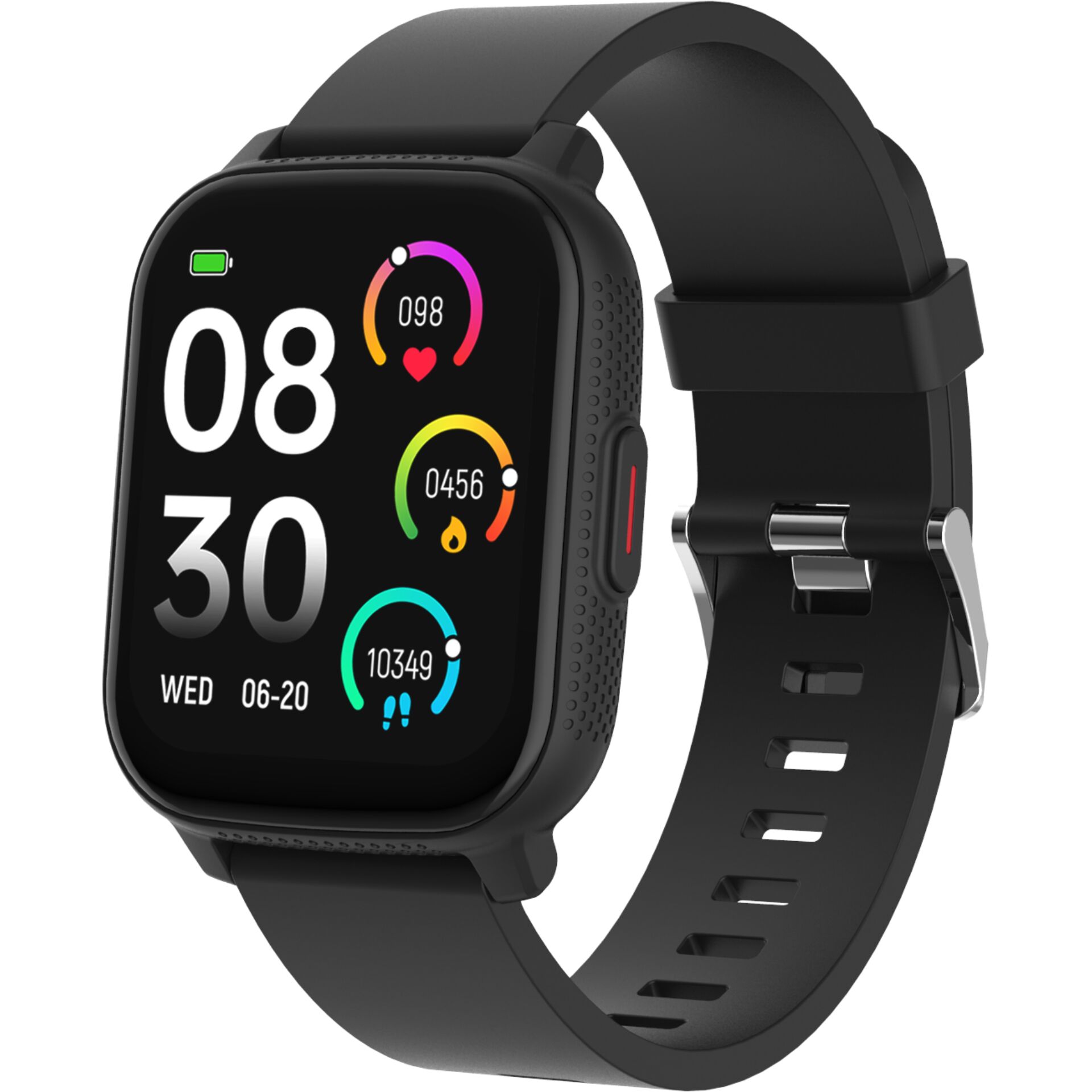 smartwatch, digital display, silicone band, black, rectangular screen