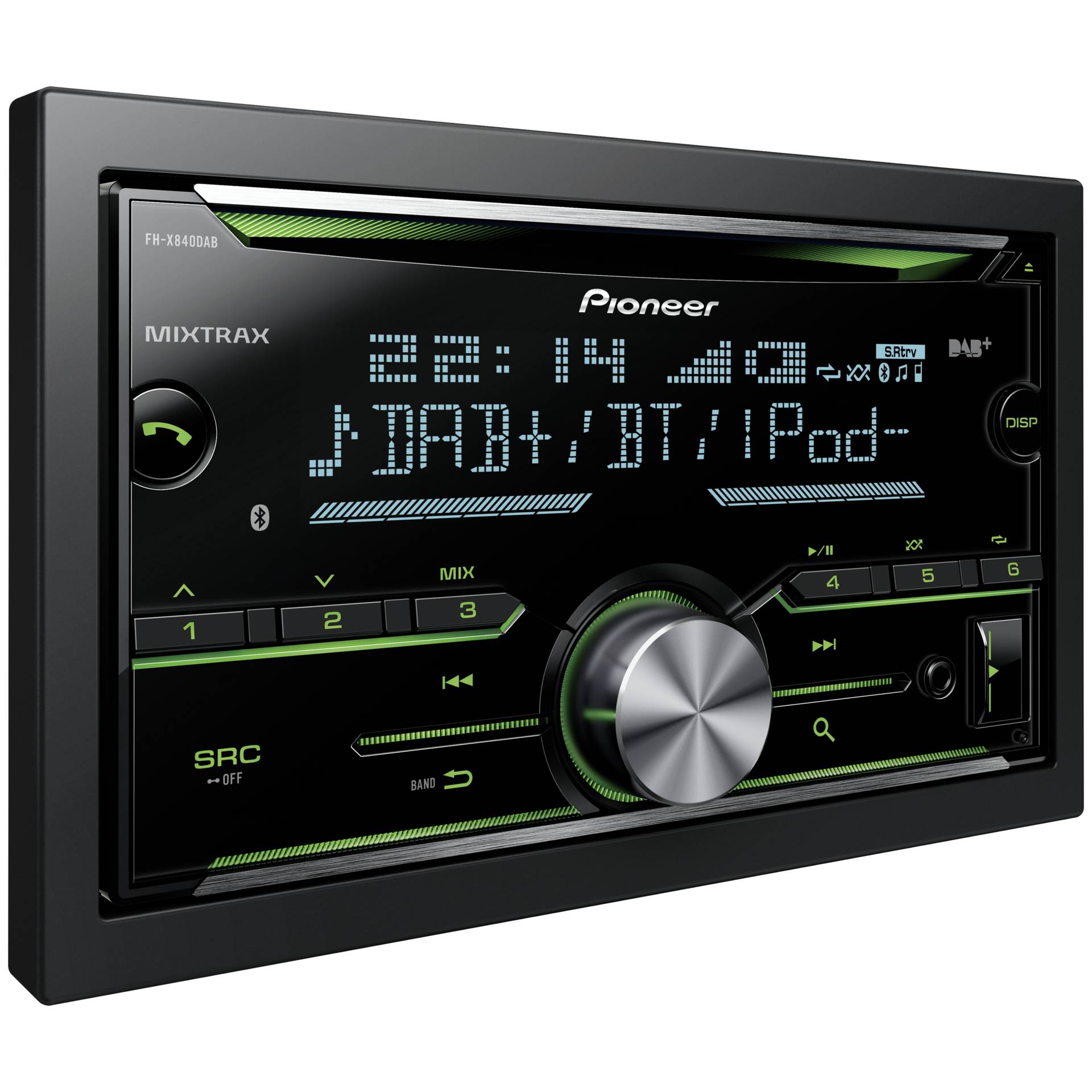 car stereo, dashboard stereo, digital display, knob control, green accent