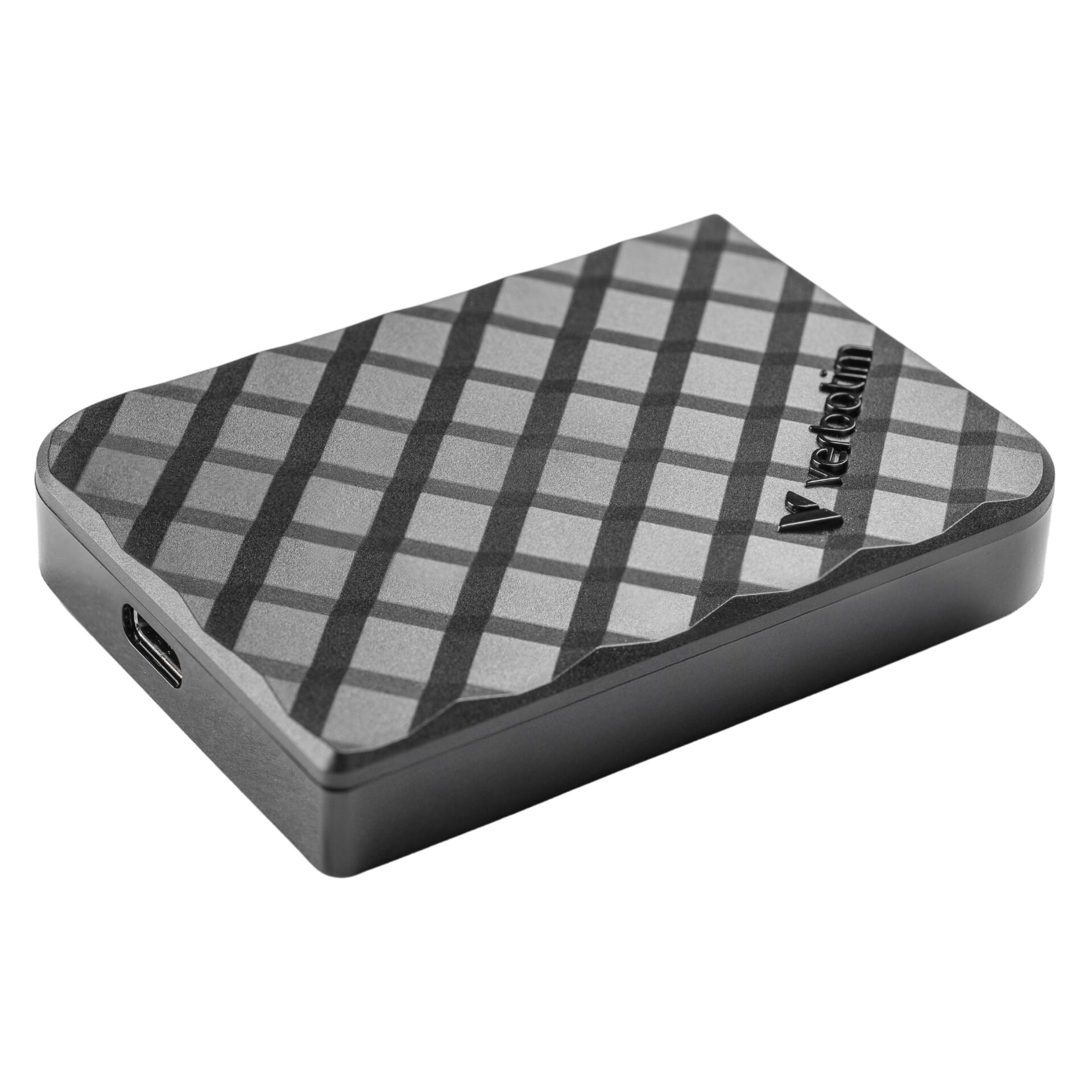 externe SSD, tragbare Festplatte, kariertes Muster, grau-schwarz, USB-C Anschluss