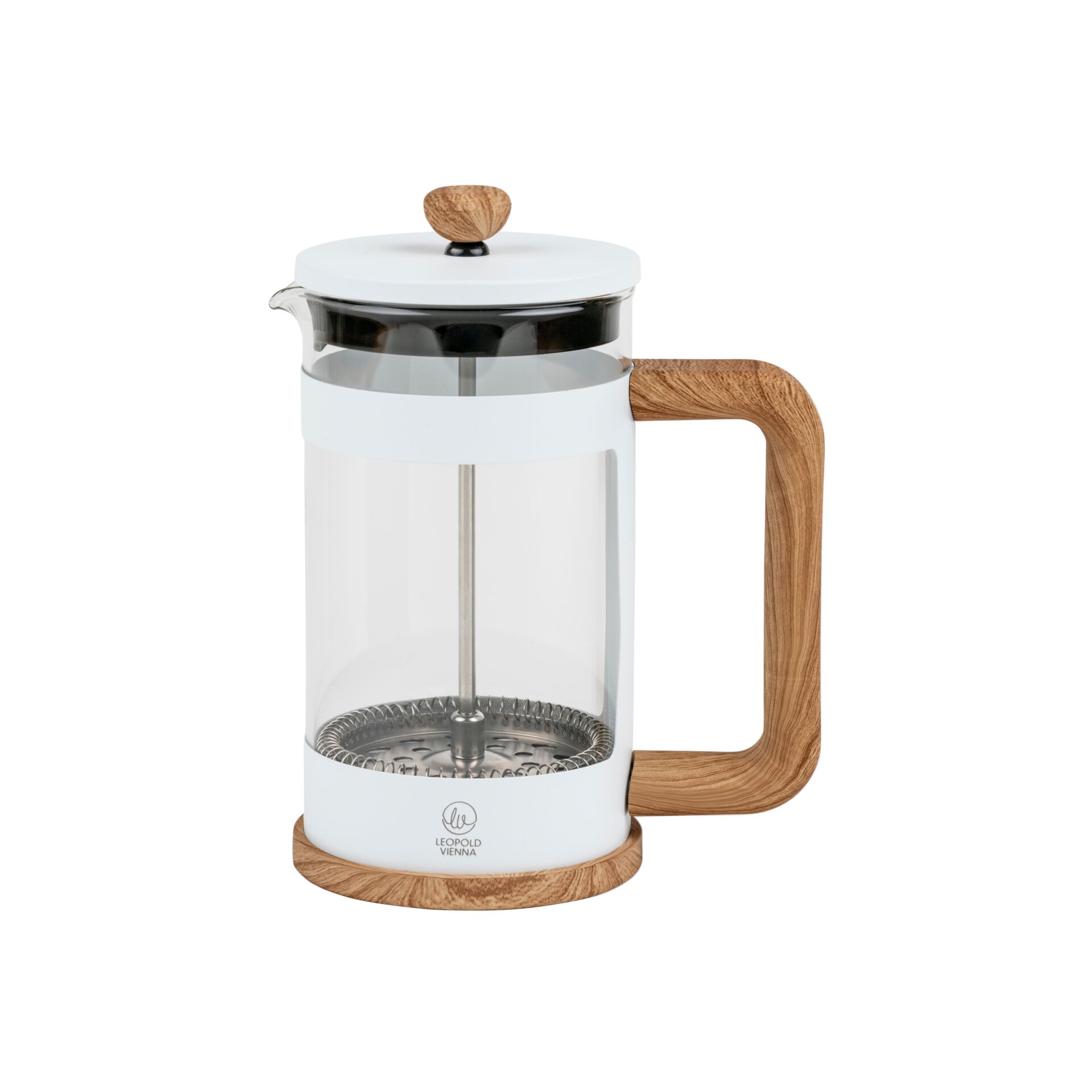 French press, Glas Karaffe, Holzgriff, Edelstahlstange, weiße Deckel