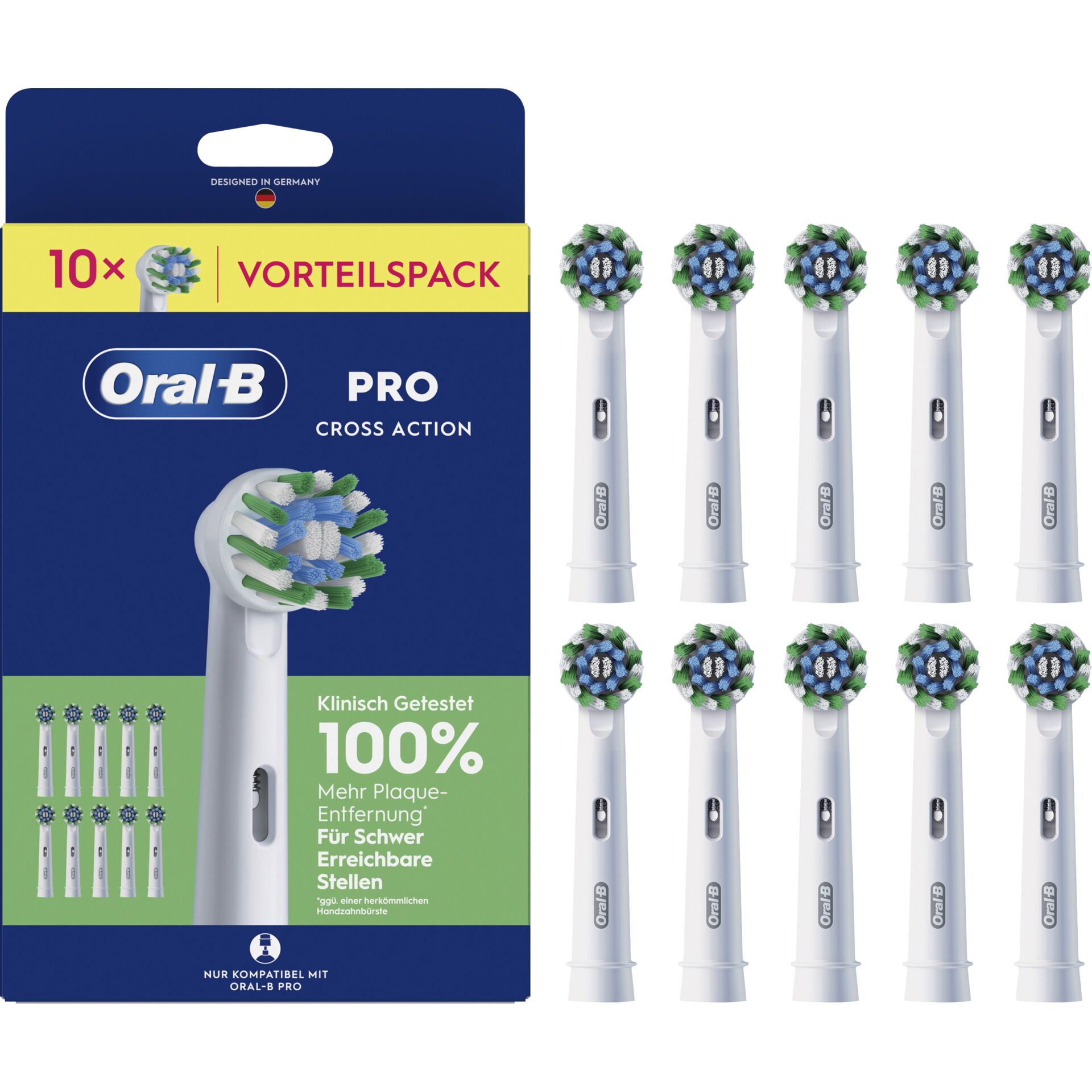 Schallzahnbürsten-Ersatzköpfe, Oral-B Pro Cross Action, 3D-Borsten, Weiß/Grün, Vorteilspack 10x