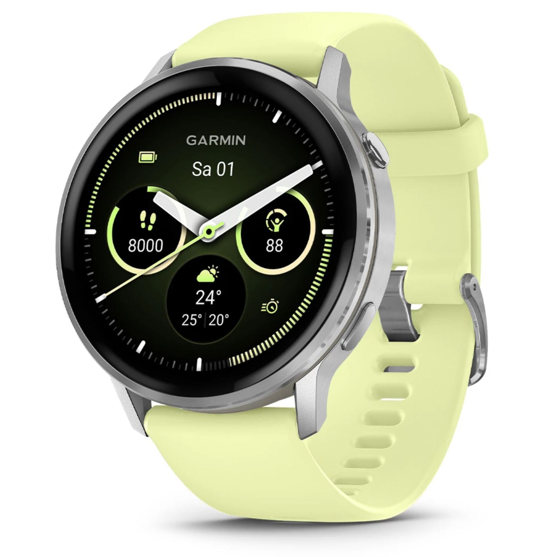 smartwatch, garmin uhr, runder ziffernblatt, silikonarmband, gelb