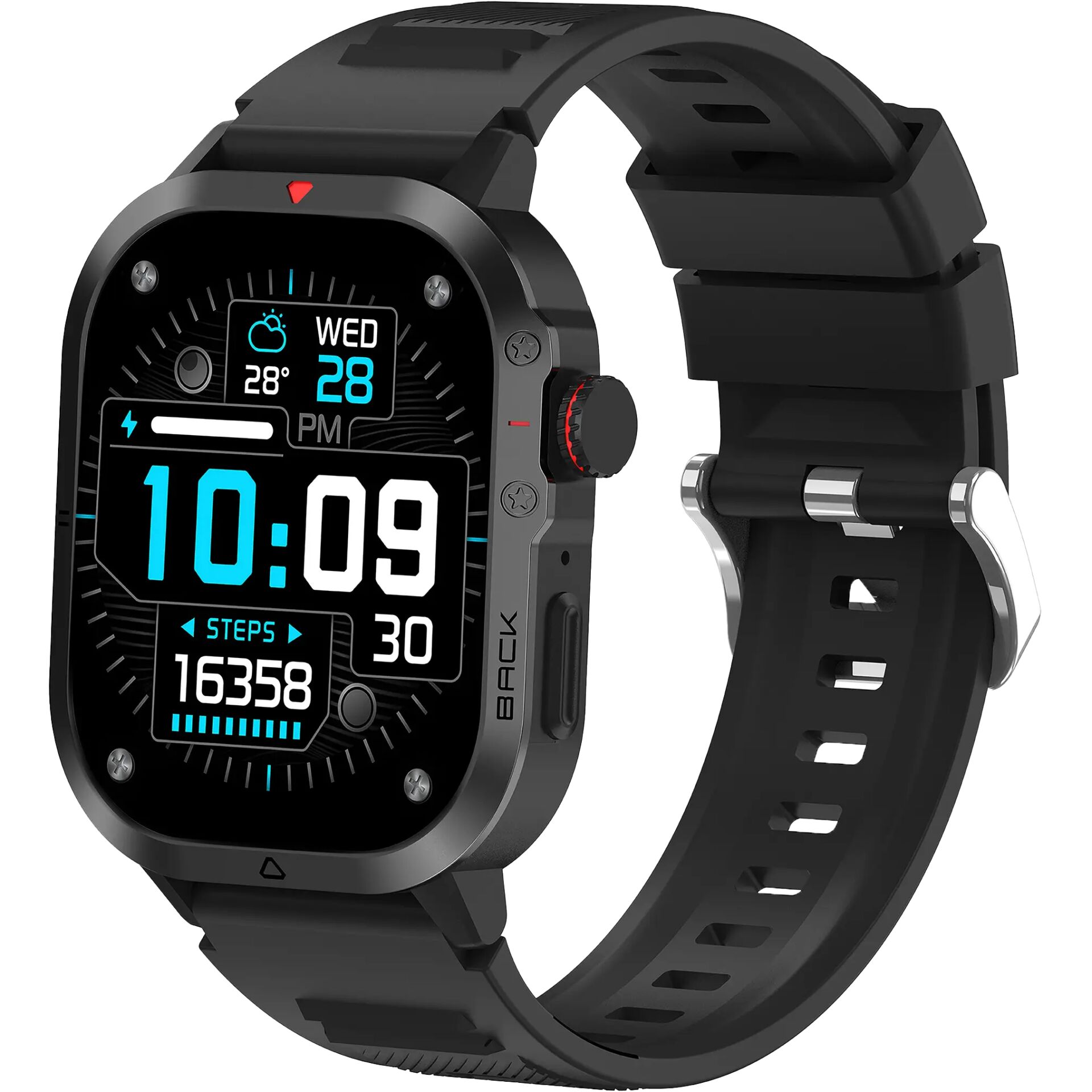 Smartwatch, Digitalanzeige, SchwarzesGurtband, QuadratischeAnzeige, SchritteZähler
