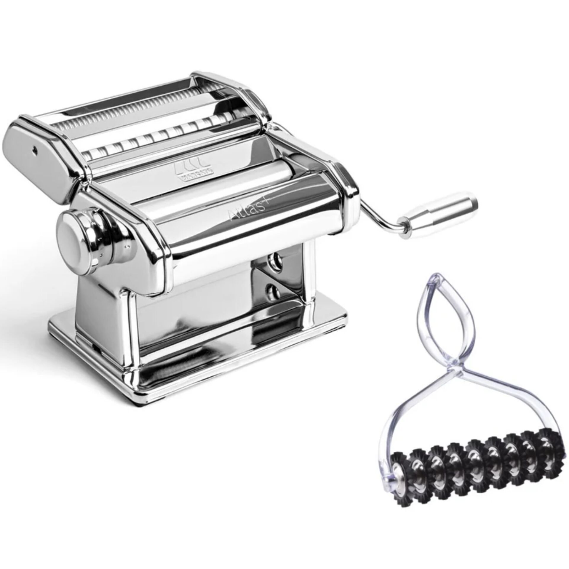 Pasta maker, Nudelmaschine, Spiralwelle, Griff aus Kunststoff, Schneidmechanismus, Pastamachine, Pasta maker, Edelstahl, Metallisch, Rollensystem