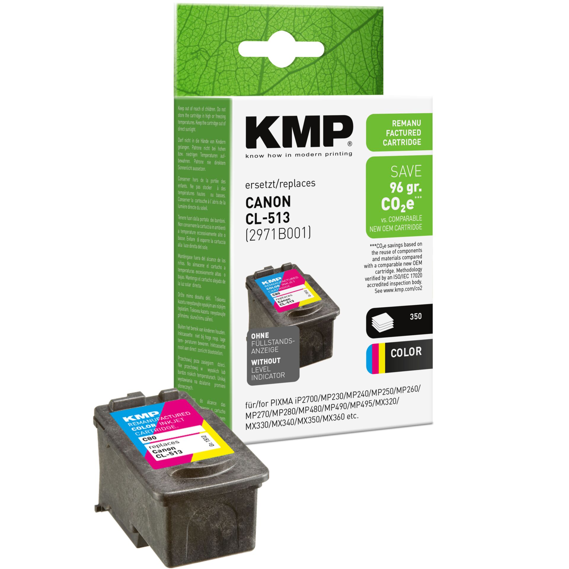 Adapter, Elektronik, Computer-Ausrüstung, Computerausrüstung, QR-Code, Tintenpatrone, KMP, CANON CL-513, Farbkartusche, CO2e Sparen
