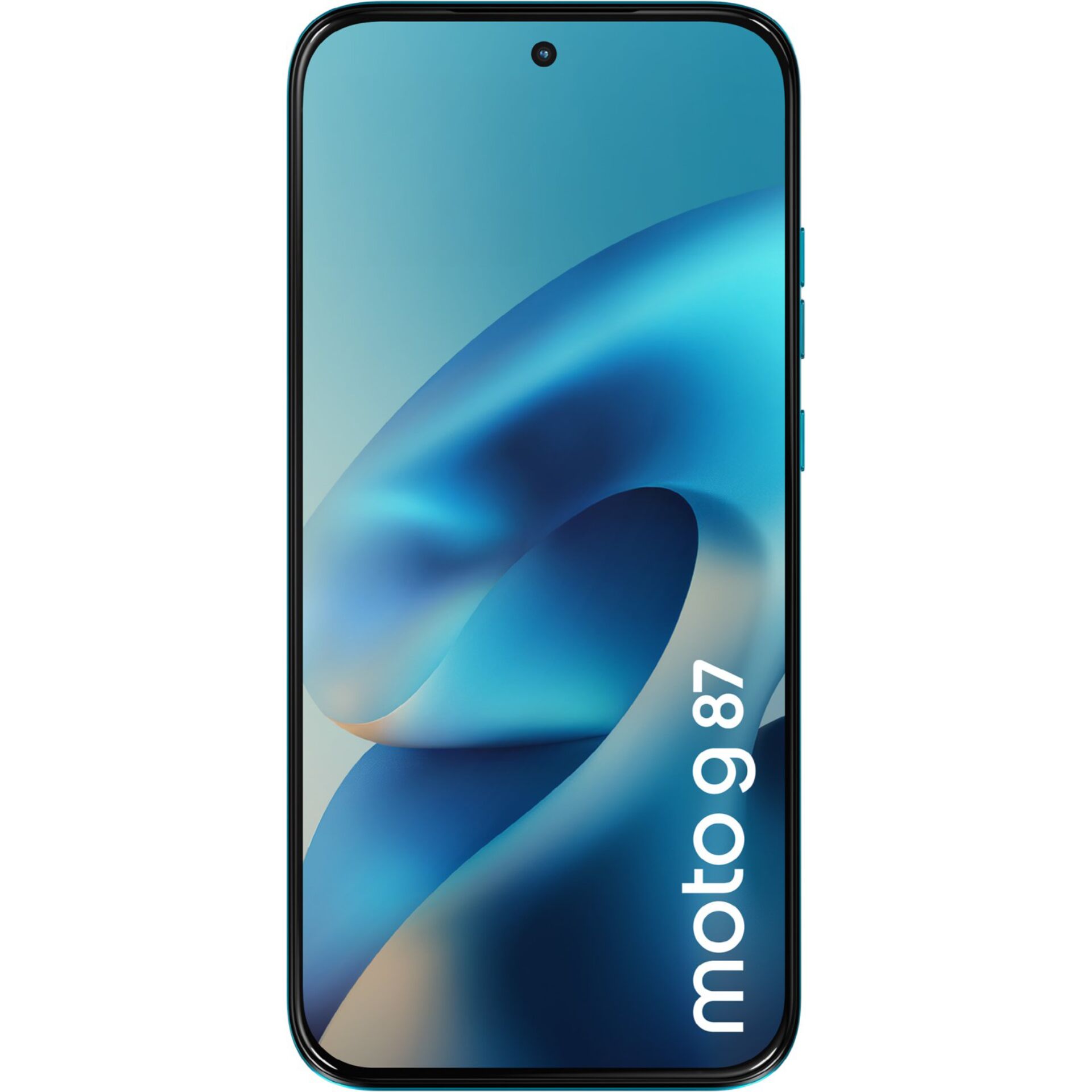 Smartphone, schwarzer Rahmen, Infinity-O Frontkamera, blauer Verlauf, moto g 187