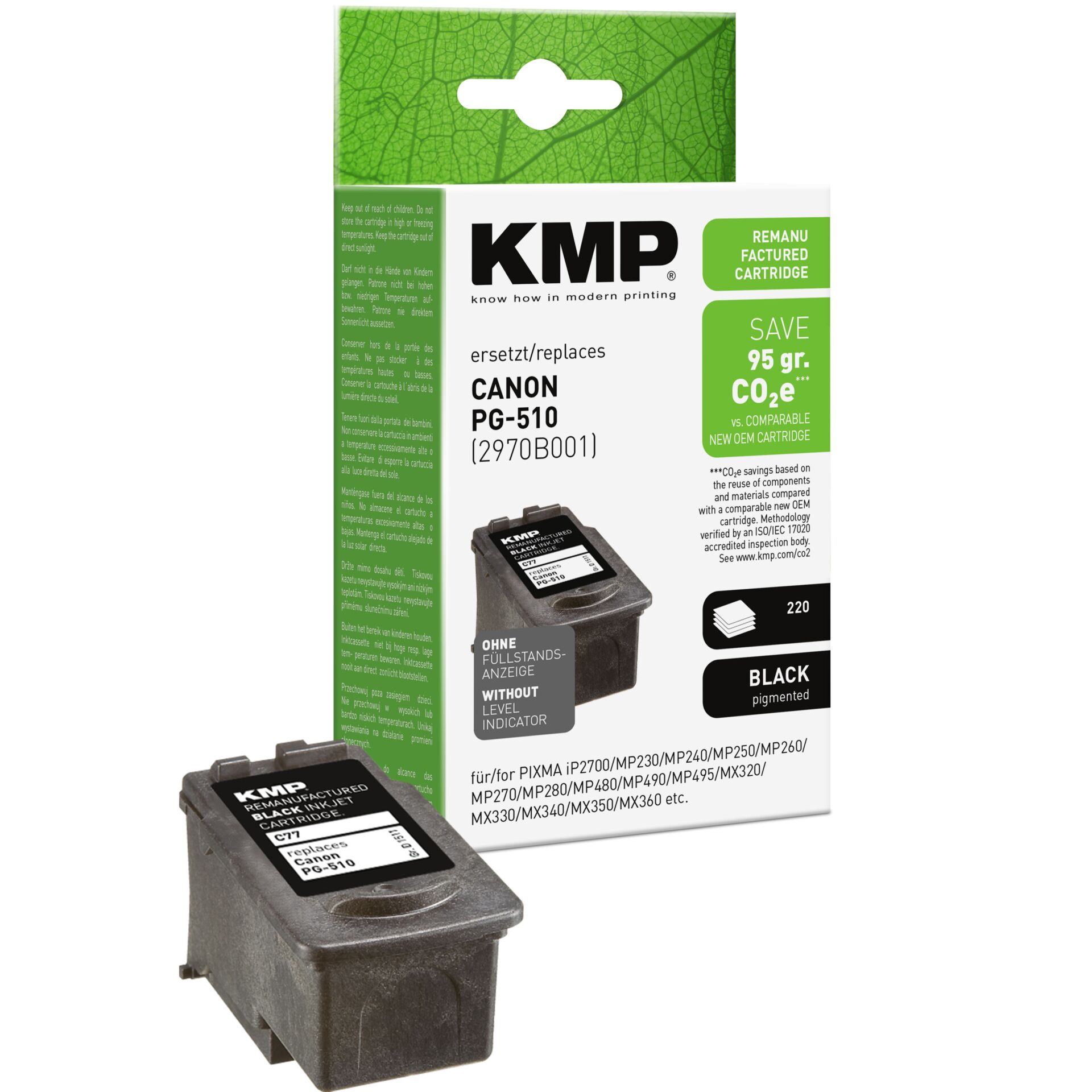 Adapter, Elektronik, QR Code, KMP Druckerpatrone, Canon PG-510, Tintenpatrone, Schwarz pigmentiert, OEM Ersatzpatrone