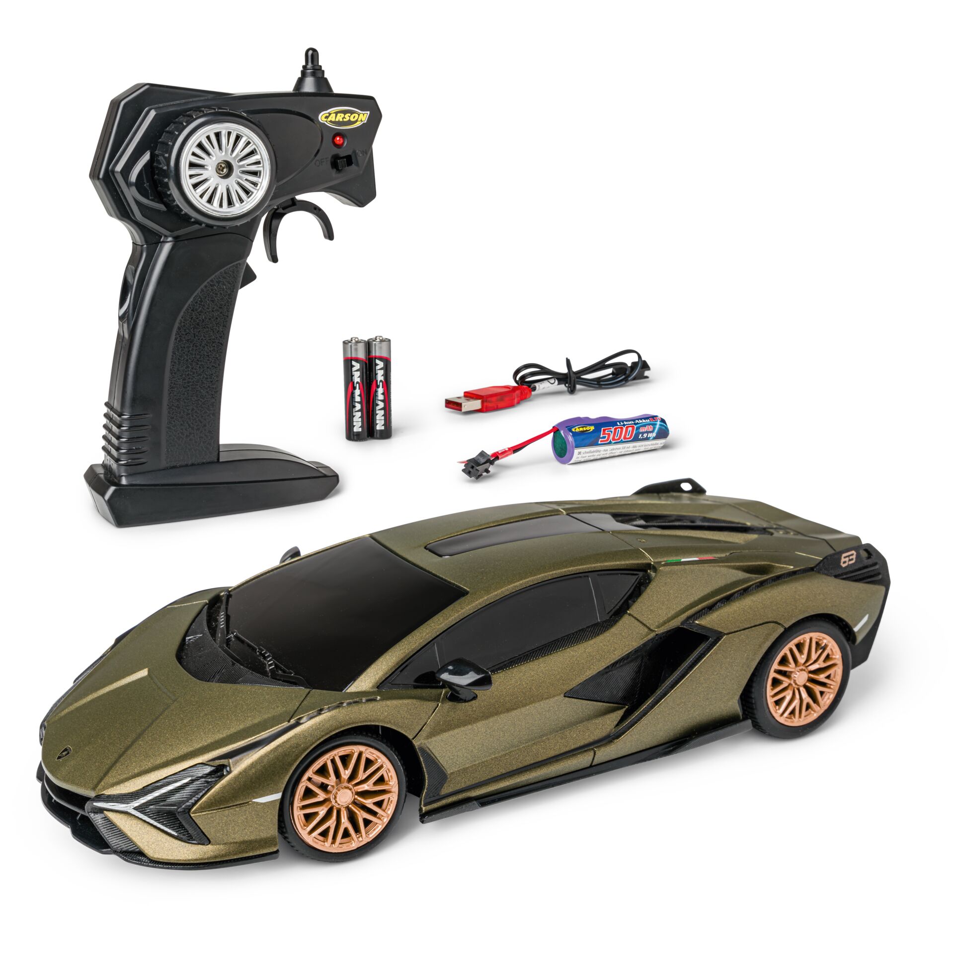 Ferngesteuertes Auto, RC-Car, Gelbgrüne Karosserie, Gummireifen, Ladegerät, Batterien