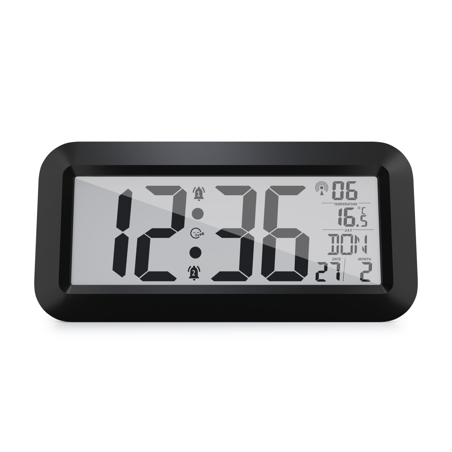 digitaler Uhr, Wecker, LCD-Anzeige, schwarzer Rahmen, rechteckige Uhr