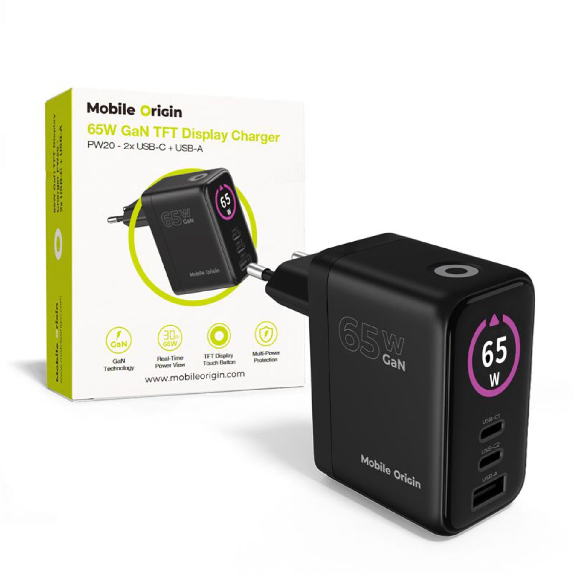 65W Ladegerät, GaN Ladegerät, USB-C Port, USB-A Port, Display Ladegerät