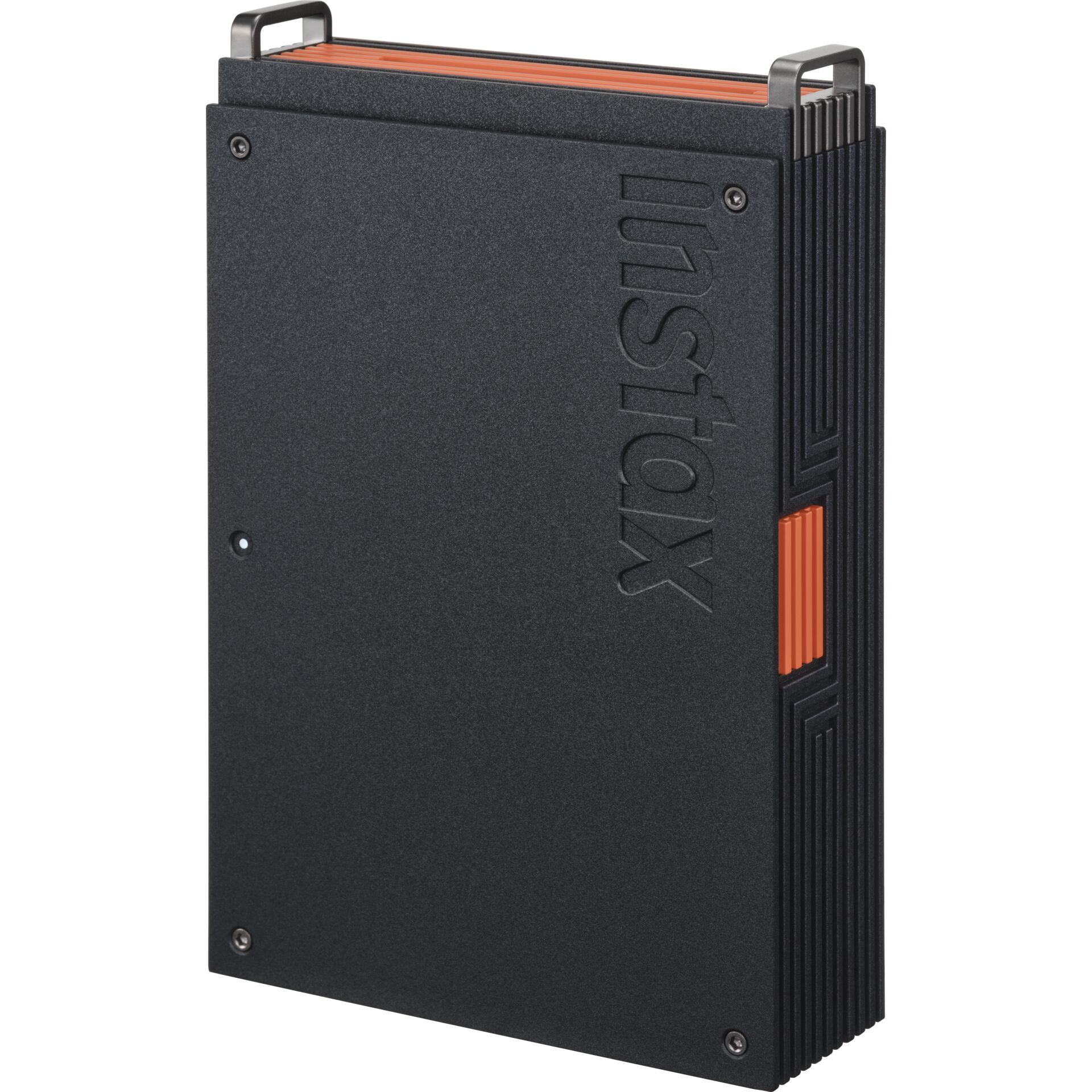 externer SSD, tragbares Laufwerk, schwarzes Gehäuse, orange Akzente, kompakte Hülle
