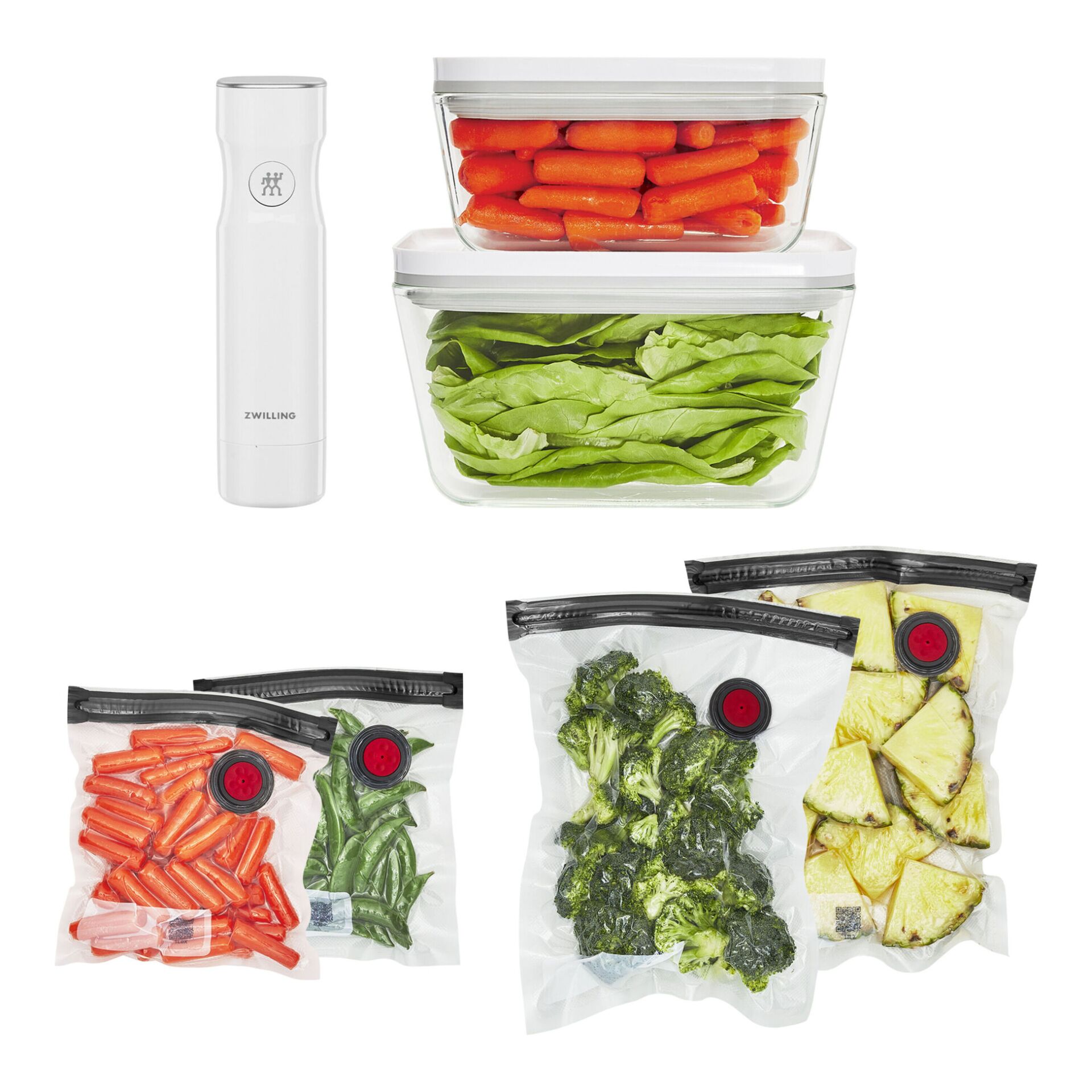 vacuum-sealer, food-saver, kitchen, packaging, machine, Vakuumier-Set, Glasbehälter, Vakuumbeutel, weiße Vakuumpumpe, luftdichte Deckel