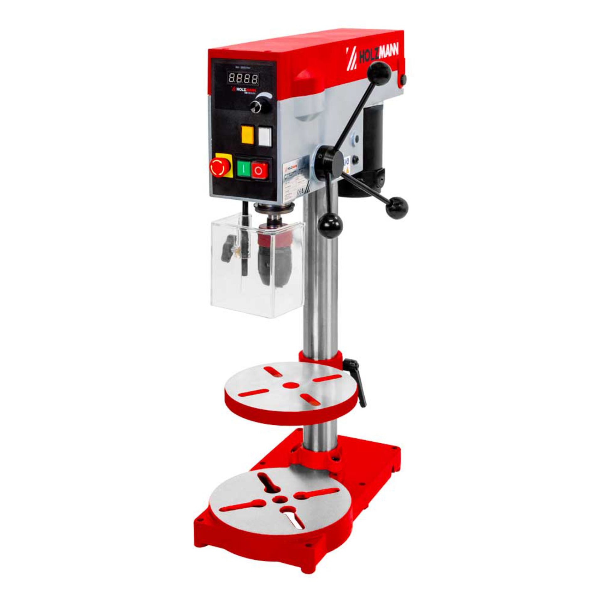 Säulenbohrmaschine, Metallgehäuse, Rot-Silber, Digitalanzeige, Bohrfutterschutz
