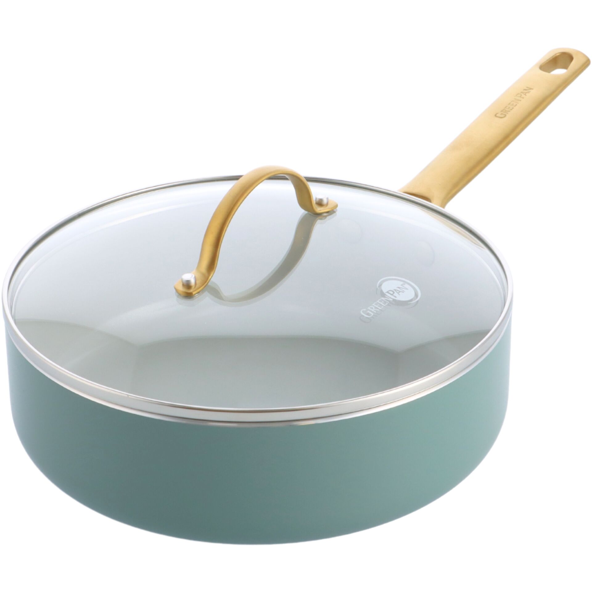 Teflon-Bratpfanne, Bratpfanne, Glasdeckel, Kupfergriff, Grünblau
