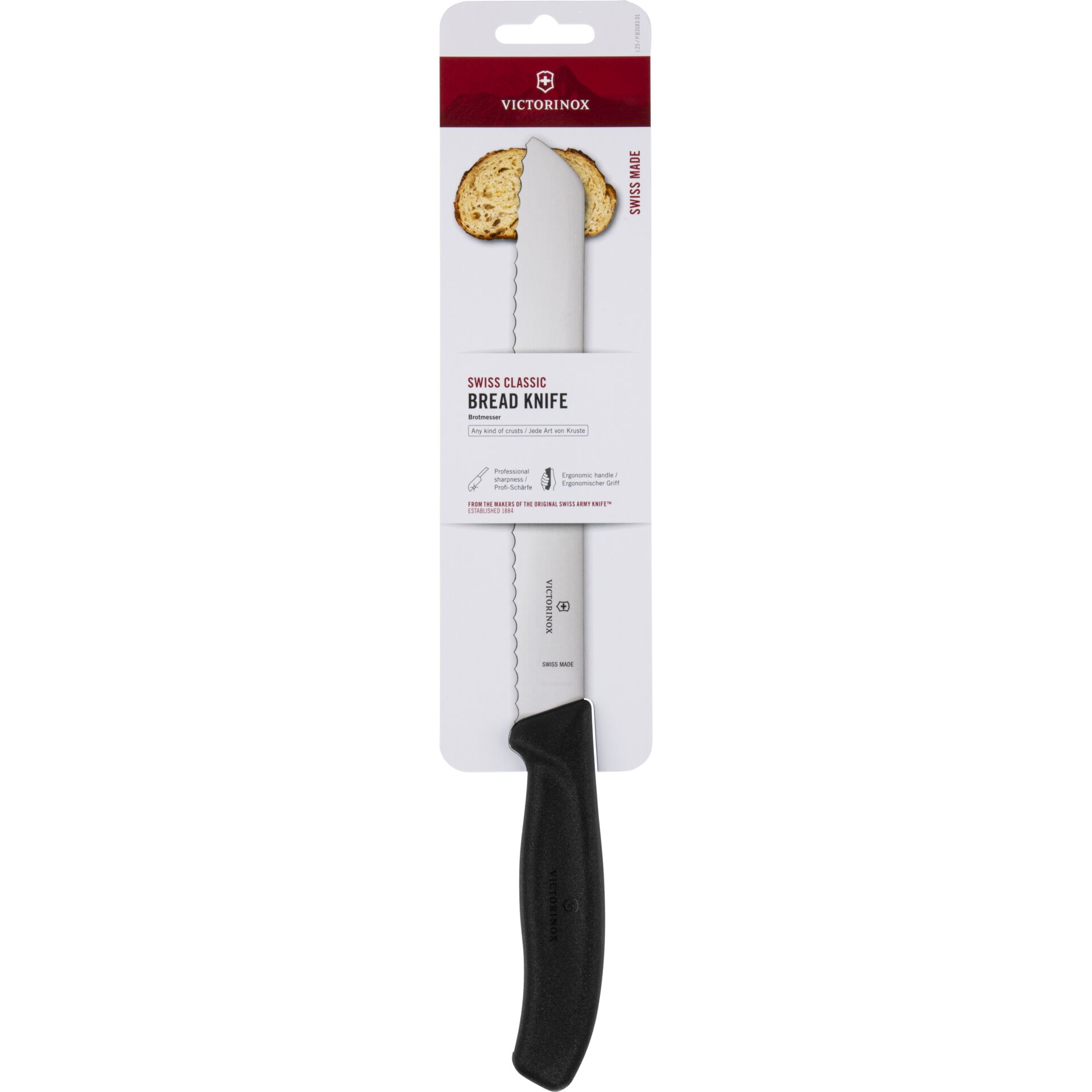 Brotmesser, Zweischneidiges Messer, Victorinox, Schweiz hergestellt, Schwarzer Griff