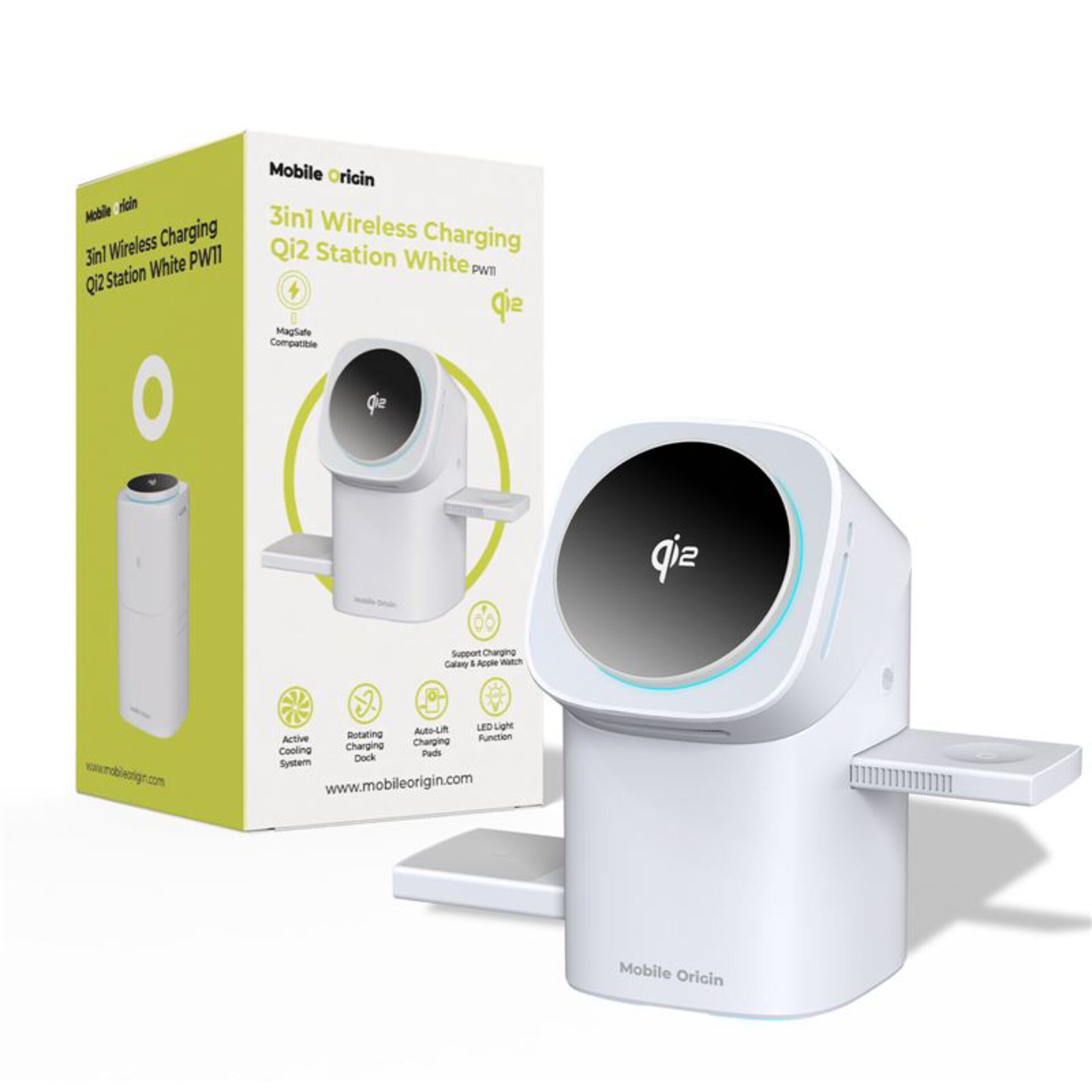 Qi2 Station, Wireless charging dock, Weiße Ladestation, MagSafe kompatibel, Auto-Lift-Ladepads
