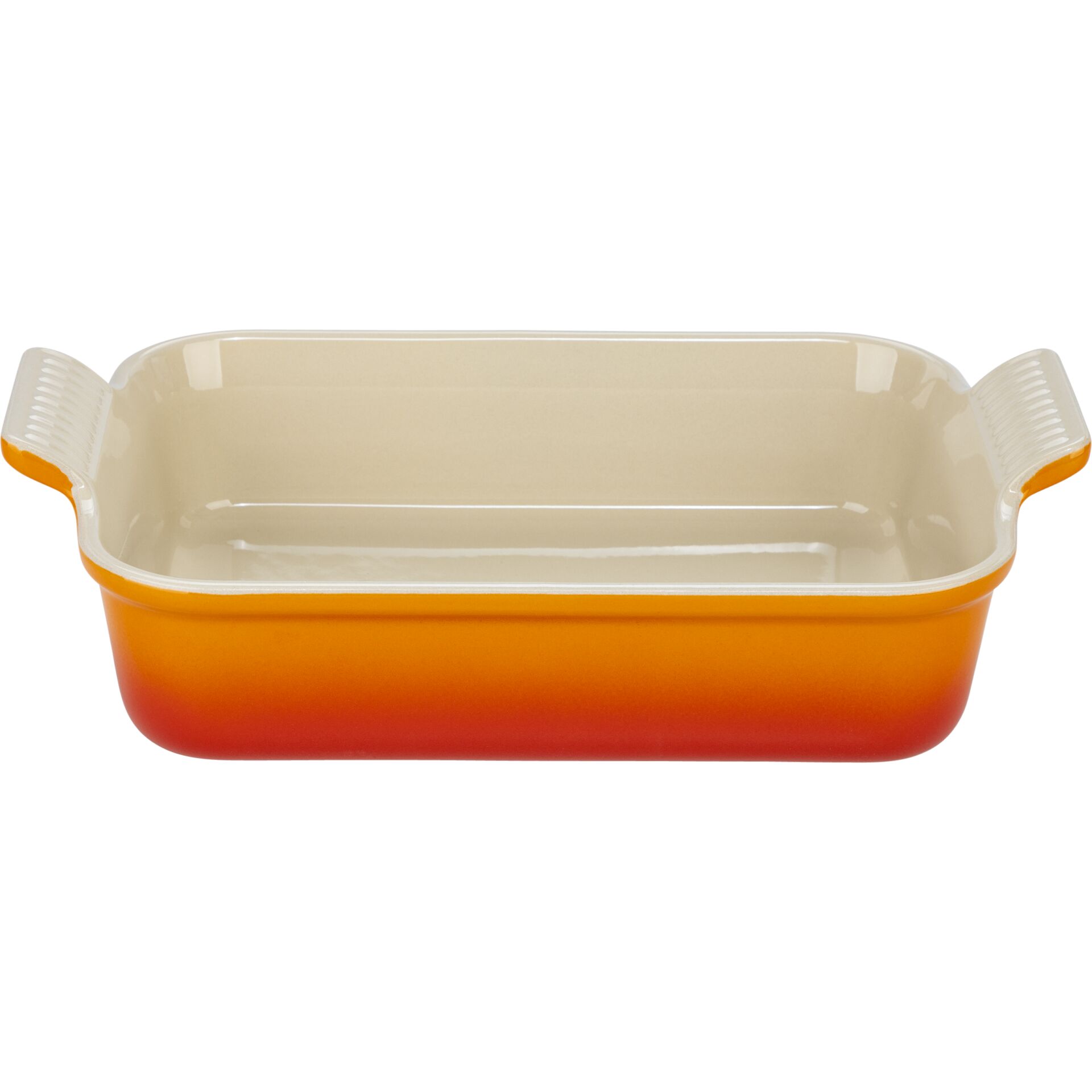 Auflaufform, Backform, Keramik, orange, grünliche Randfarbe
