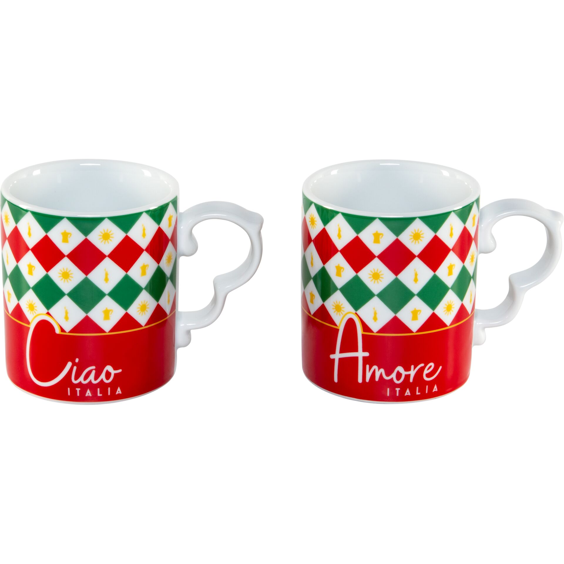 Tasse, Keramik, Gewelltes Muster, Rotgrün, Italienische Schrift
