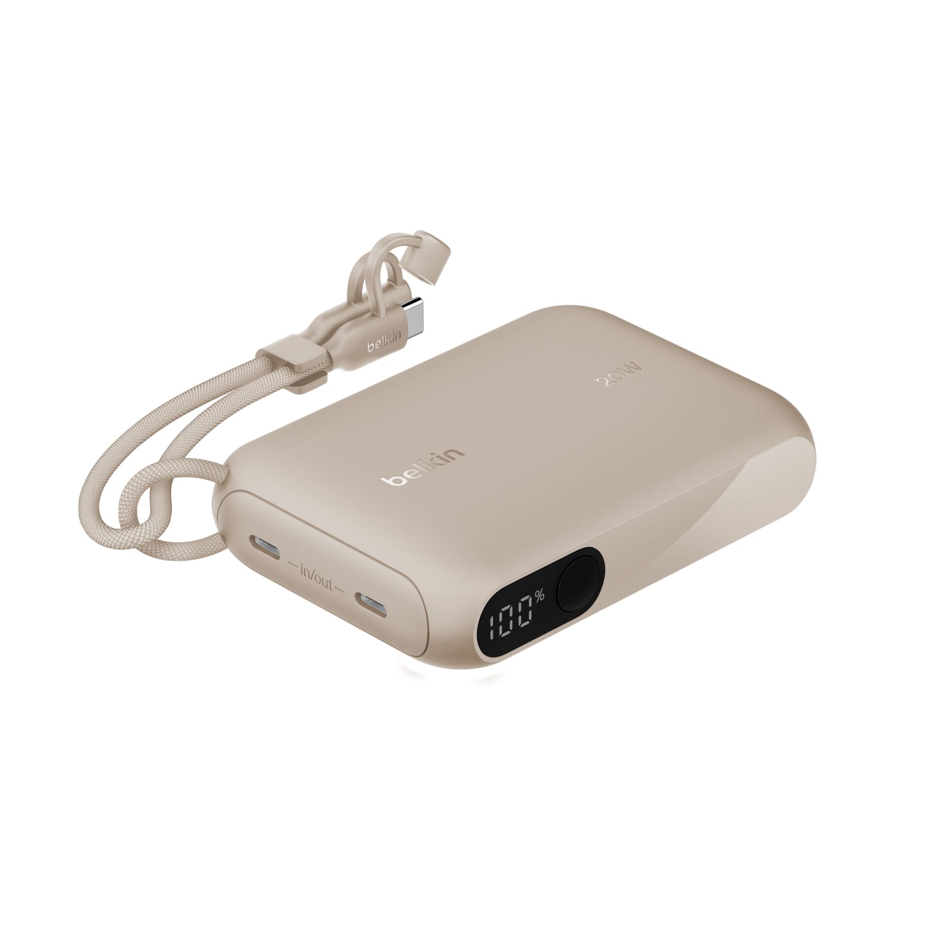 Powerbank, USB-C, Digitale Anzeige, Beige, Luftige Form