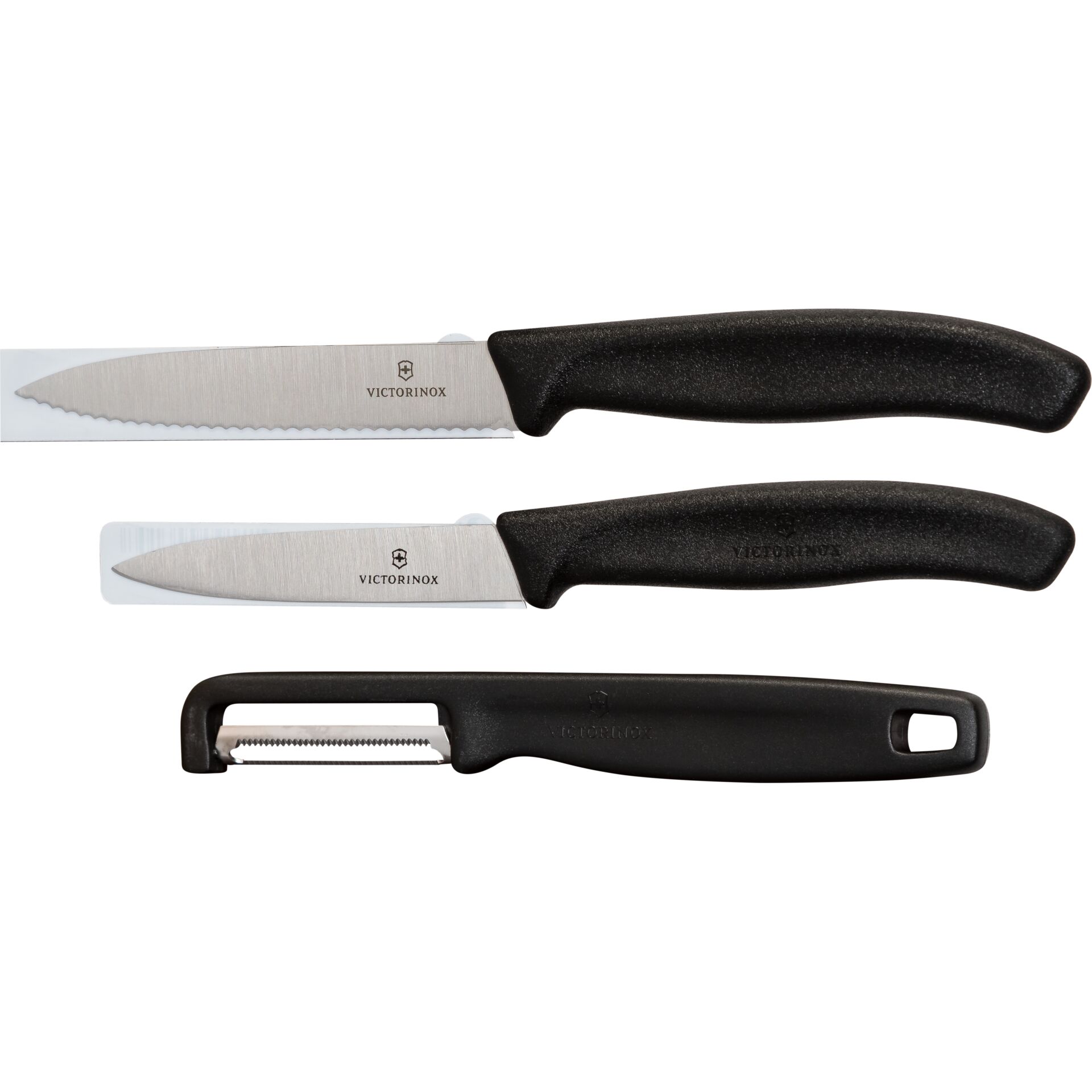 messer-set, 3-teilig, stähle, schwarz-griff, karton-schäler